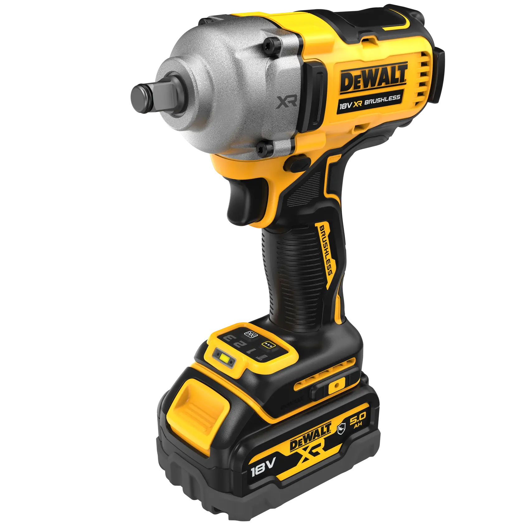 Avvitatore a impulsi a batteria DEWALT 18V XR Brushless con batteria da 5,0Ah, presentato in giallo e nero, con impugnatura robusta e testa in metallo.