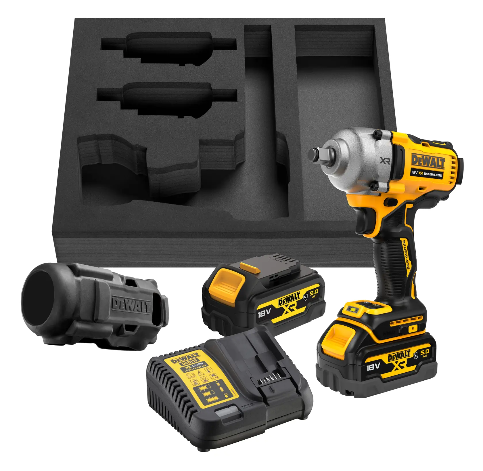 Set avvitatore DEWALT con batterie, caricabatteria, inserto e copertura.