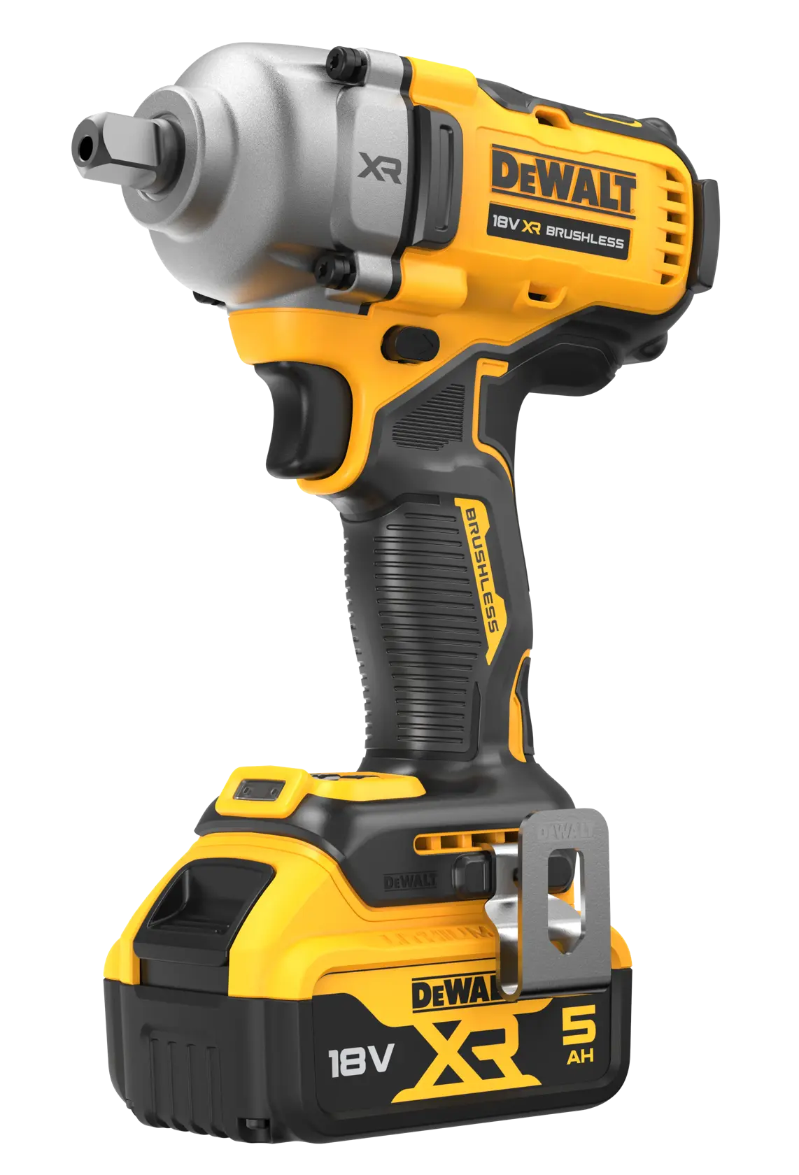 Photo of DEWALT 18V XR brushless impact wrench, SKU DCF892P2T, yellow and black, front angle on white background.