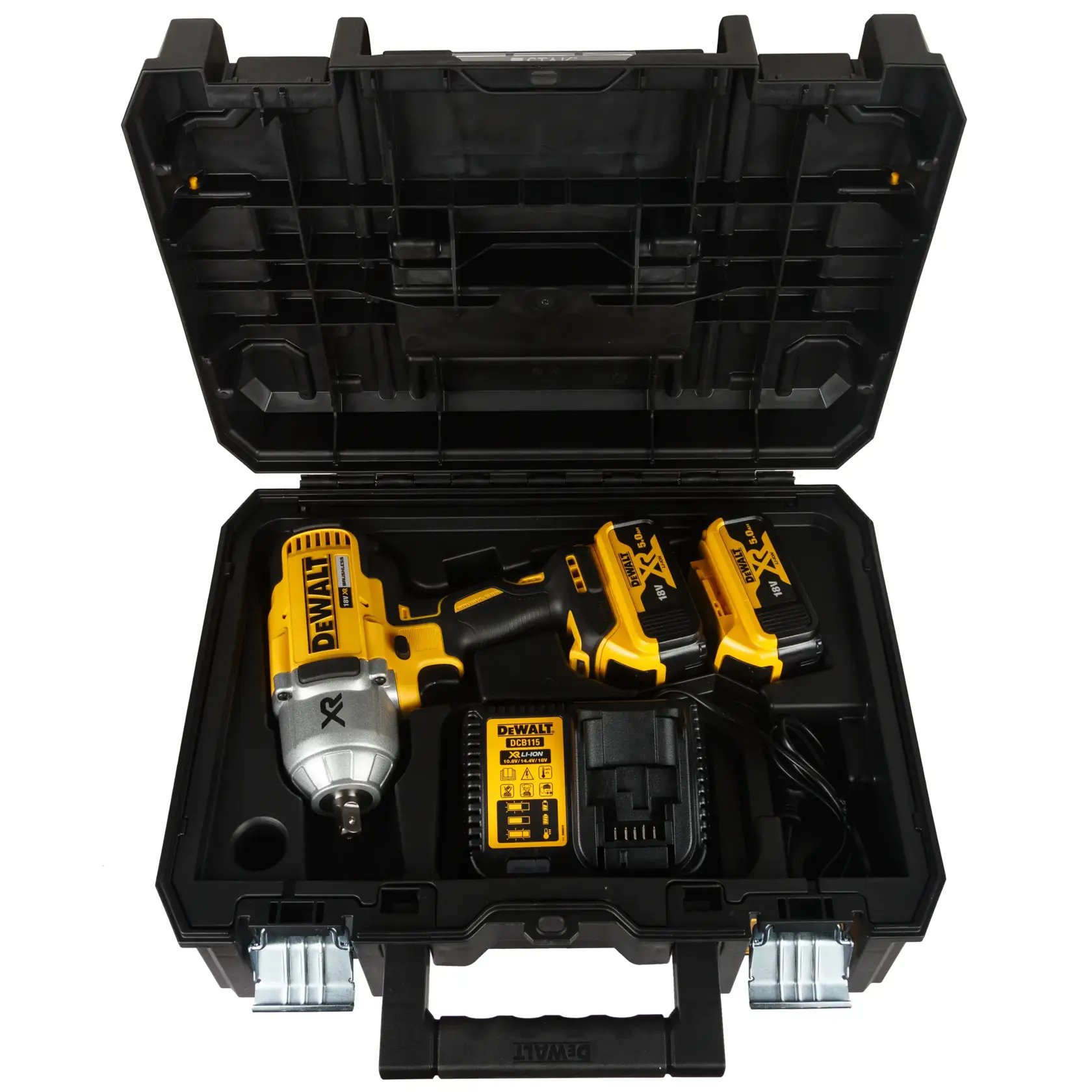 A black hard plastic carrying case containing a DEWALT cordless impact wrench, two rechargeable batteries, and a battery charger, arranged neatly inside.