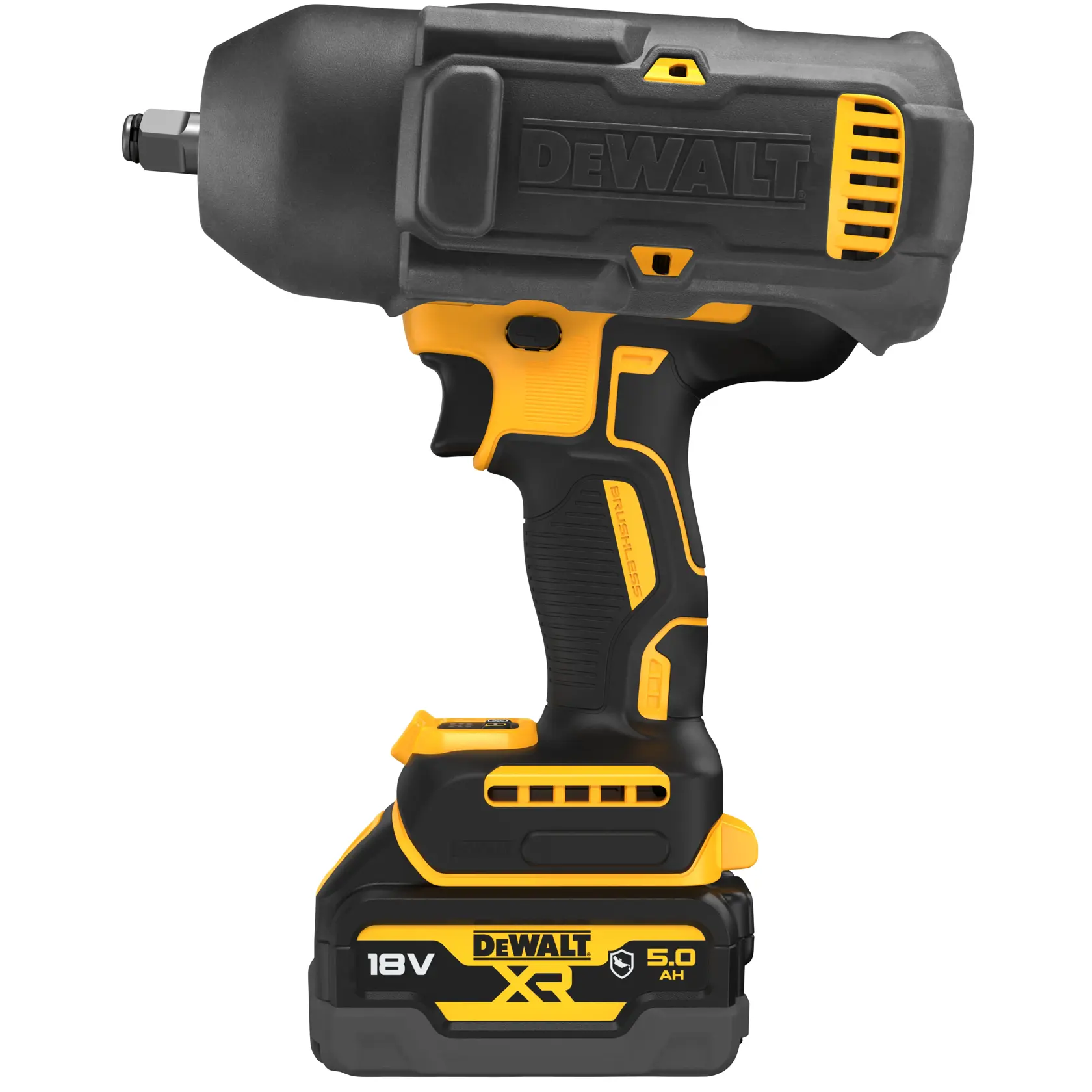 Avvitatore a impulsi DEWALT 18V XR cordless con batteria 5.0Ah, design nero-giallo, vista laterale.