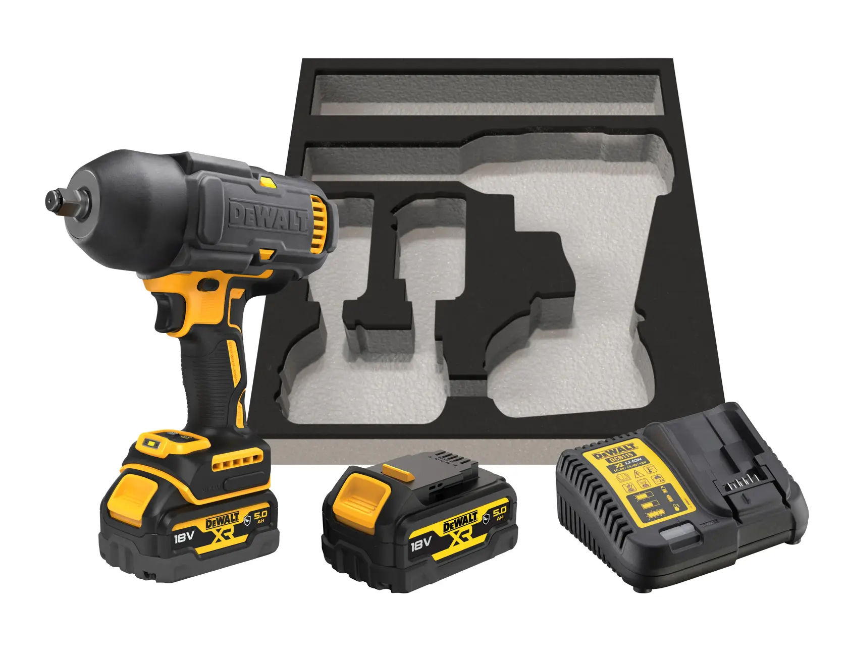 Kit avvitatore a impulsi DEWALT con due batterie, caricabatterie e vassoio in schiuma, DCF900P2G.