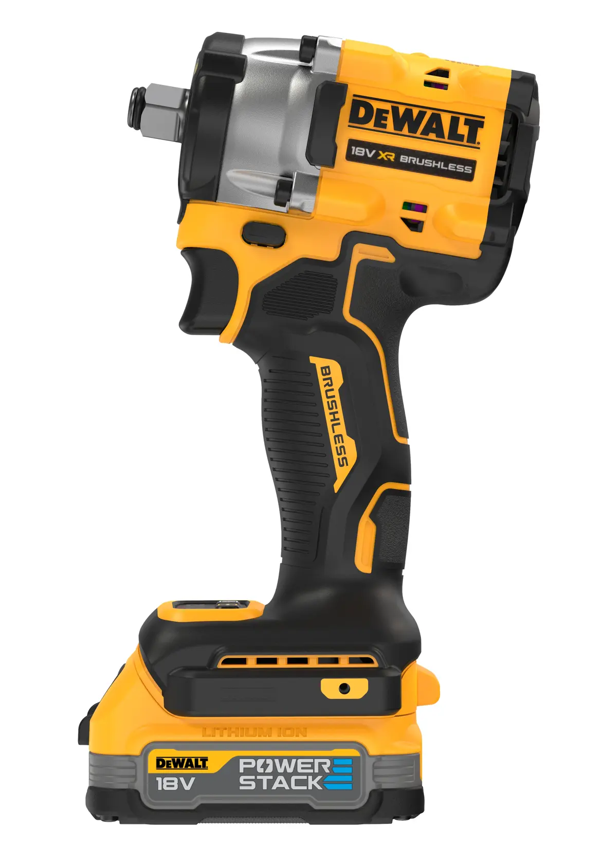 Avvitatore a impulsi DEWALT 18V XR brushless con batteria POWERSTACK, su sfondo bianco.