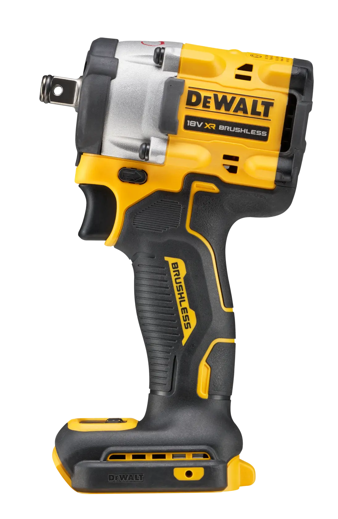 A DEWALT 18V XR brushless cordless impact wrench, shown in yellow and black colors, standing upright on a white background.