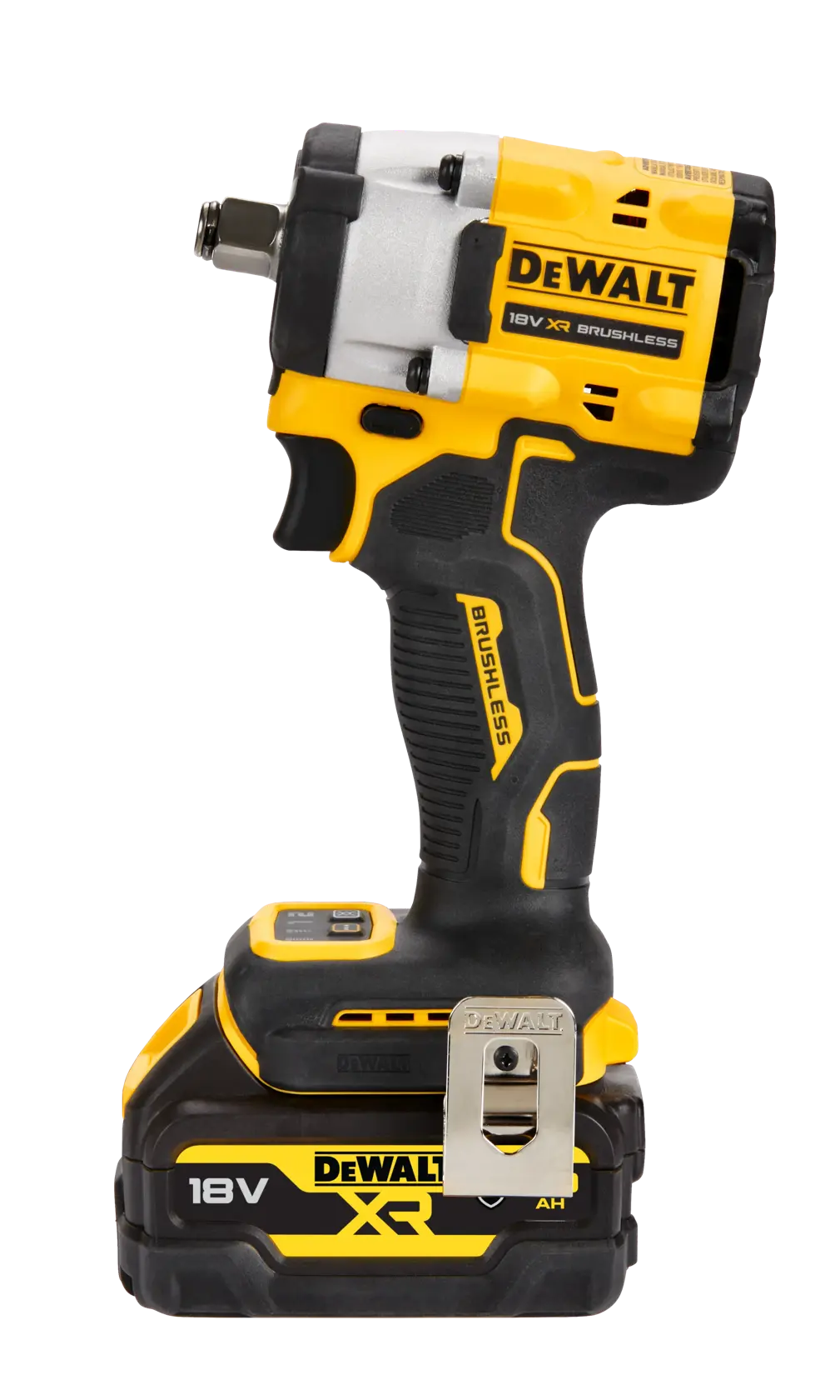 The image shows a DEWALT 18V XR Brushless cordless impact wrench with a yellow and black design. The tool is upright and features a compact body, a sturdy handle with textured grip, and a metal belt clip. The battery is attached at the base.