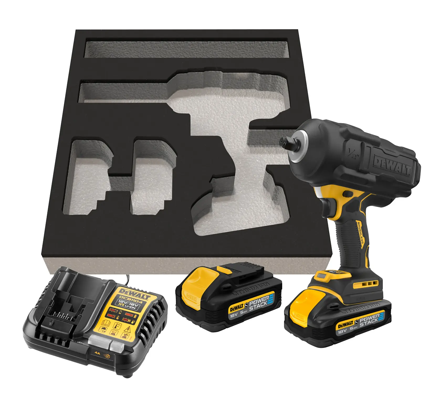 DEWALT® 18V XR қылшақсыз 1/2“ хог-сақиналы премиум жоғары айналу моментті соқпалы гайка бұрағыш - 2 X 5 А·сағ POWERSTACK™ аккумуляторы, автомобильдік.