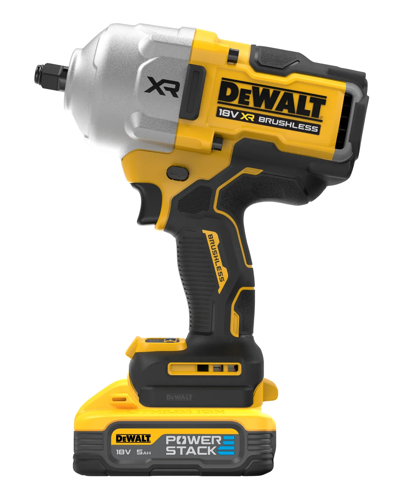 Avvitatore a impulsi DEWALT 18V XR Brushless con batteria PowerStack, giallo e nero.