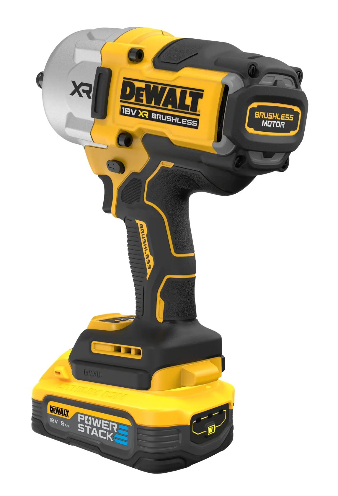 Chiave a impulsi DEWALT 18V XR brushless con batteria Powerstack, design giallo e nero.