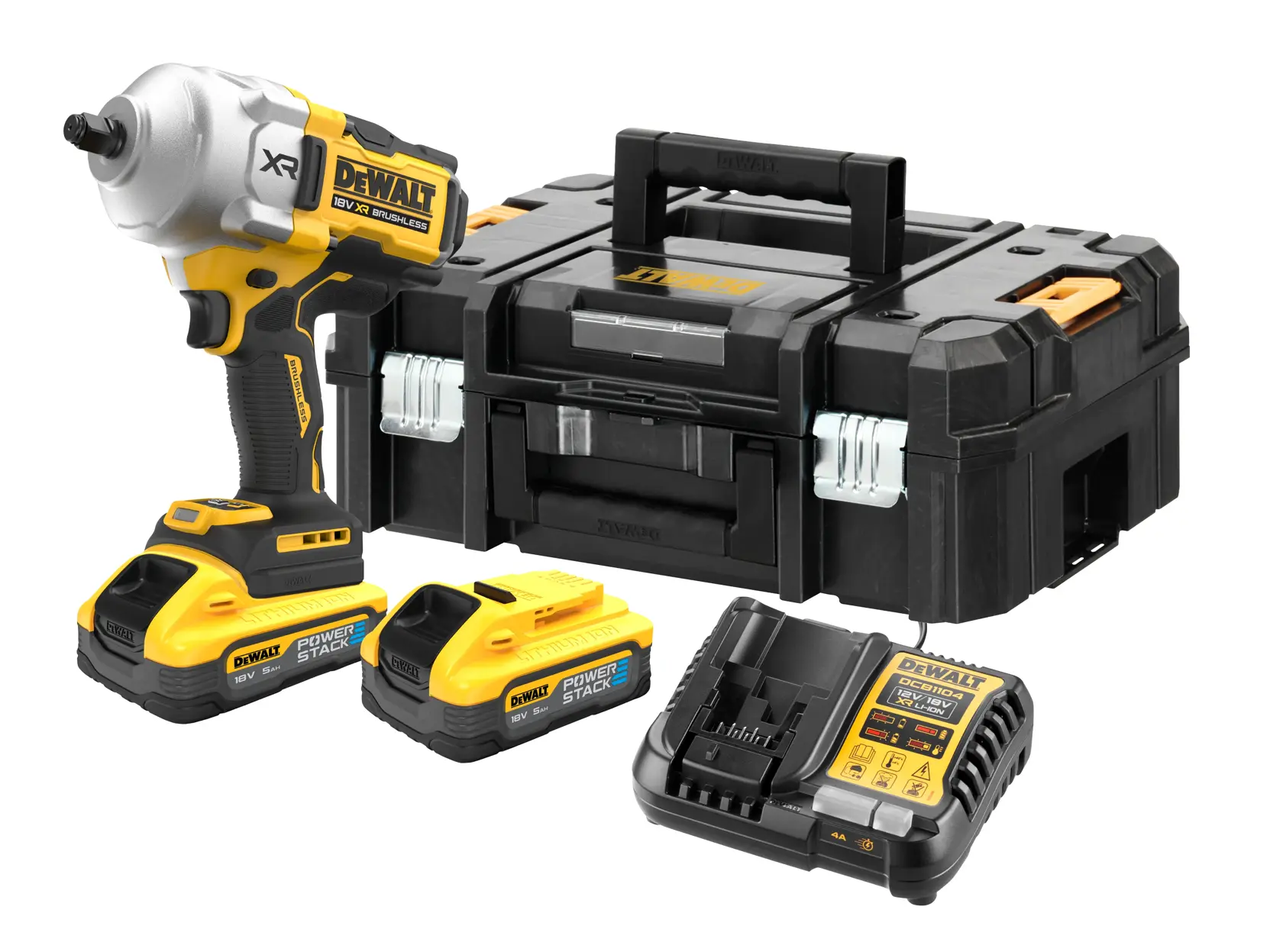 Set avvitatore DEWALT con due batterie, caricatore e valigetta resistente, nero e giallo.