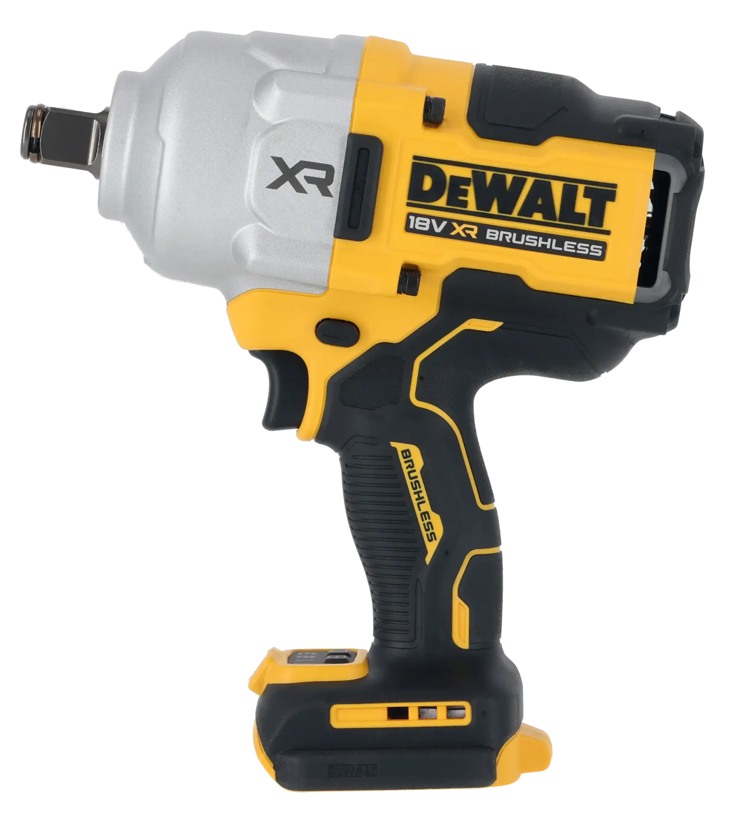 Photo of DEWALT DCF964NT 18V XR brushless impact wrench, yellow and black, side angle, on white background.