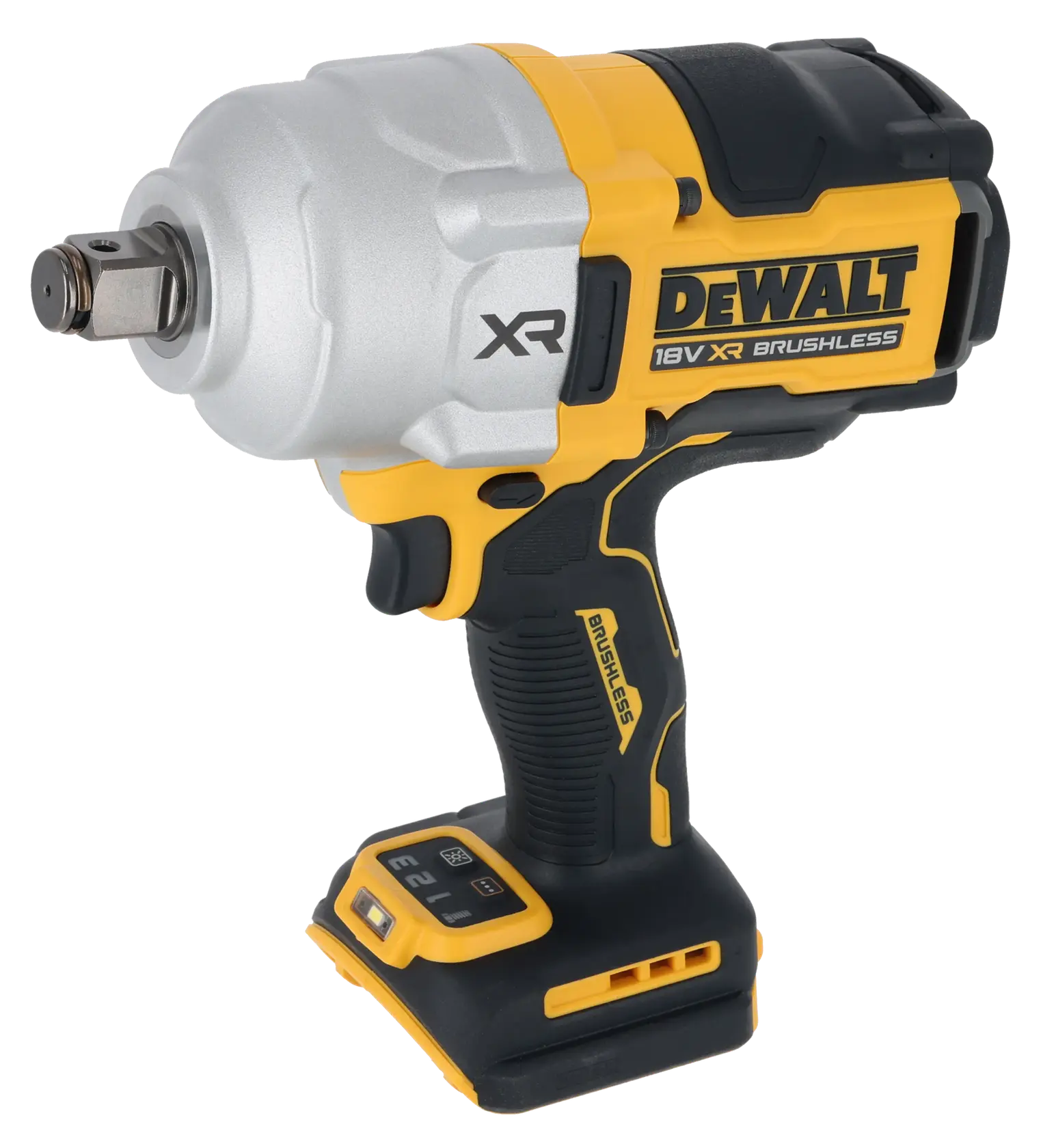 Photo of DEWALT DCF964NT 18V XR brushless impact wrench, yellow and black, right side angle, on white background.