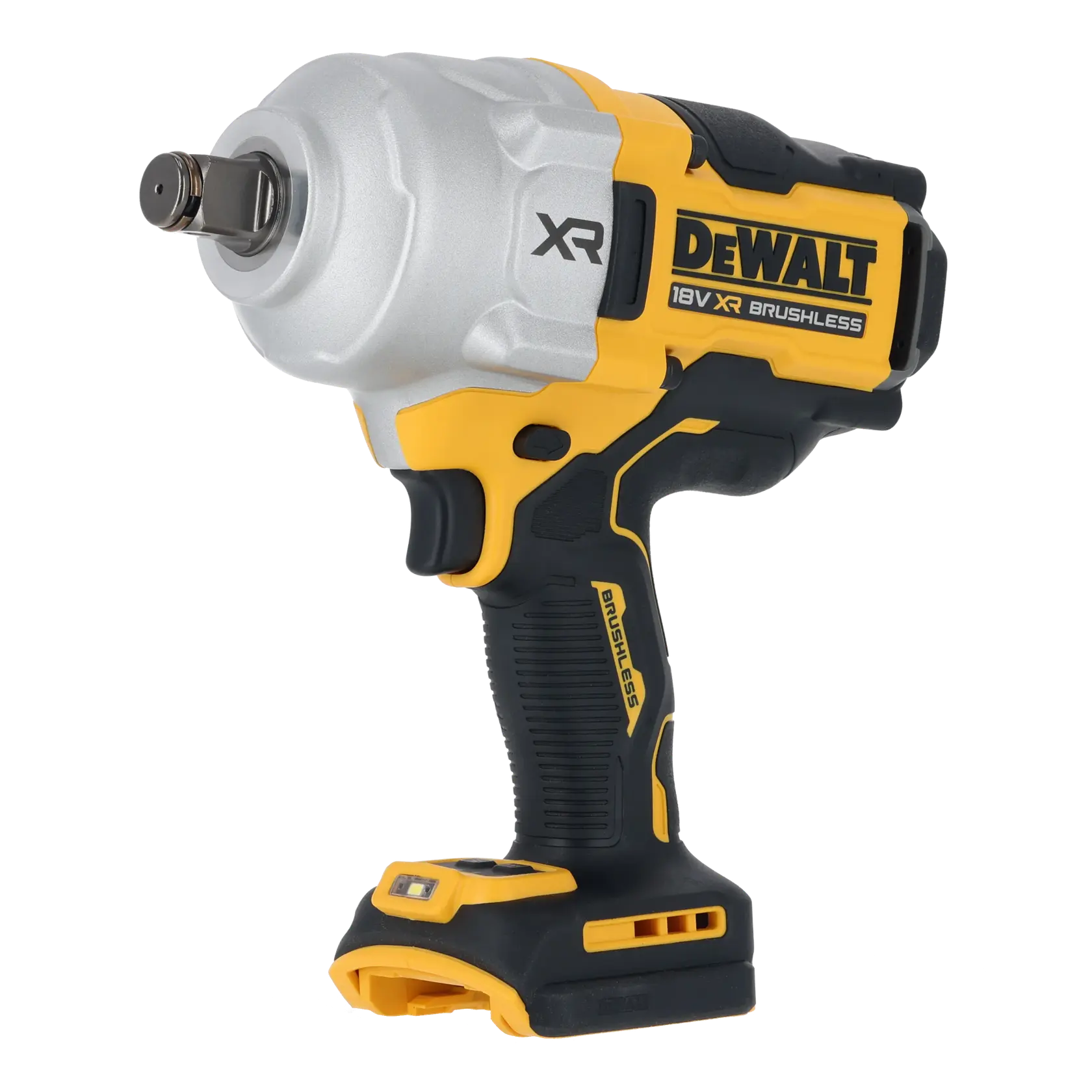 Photo of DEWALT DCF964N cordless impact wrench, 18V XR Brushless, side angle, yellow and black finish.