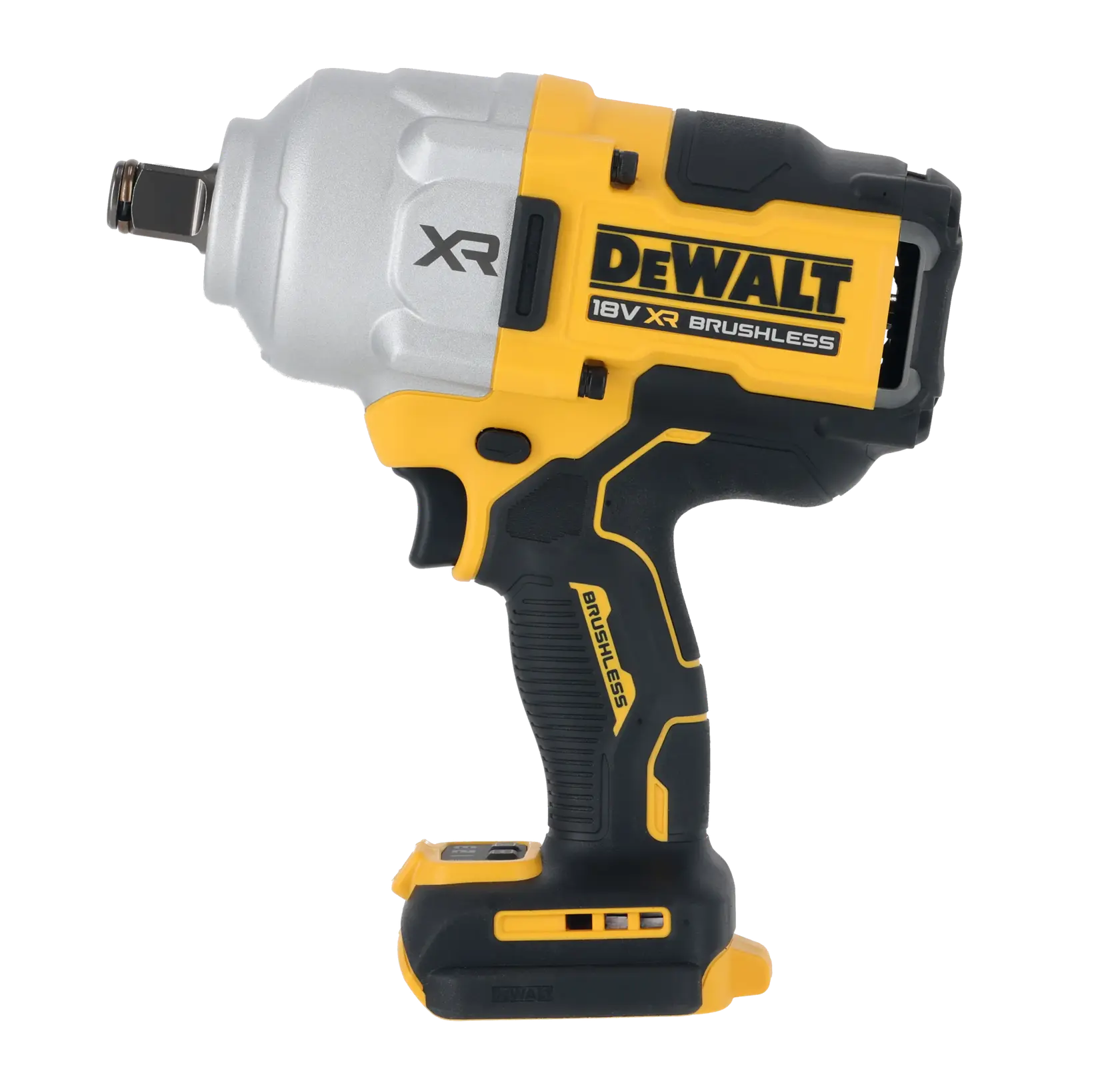 Photo of DEWALT DCF964N 18V XR Brushless impact wrench side view, yellow and black body, white background.