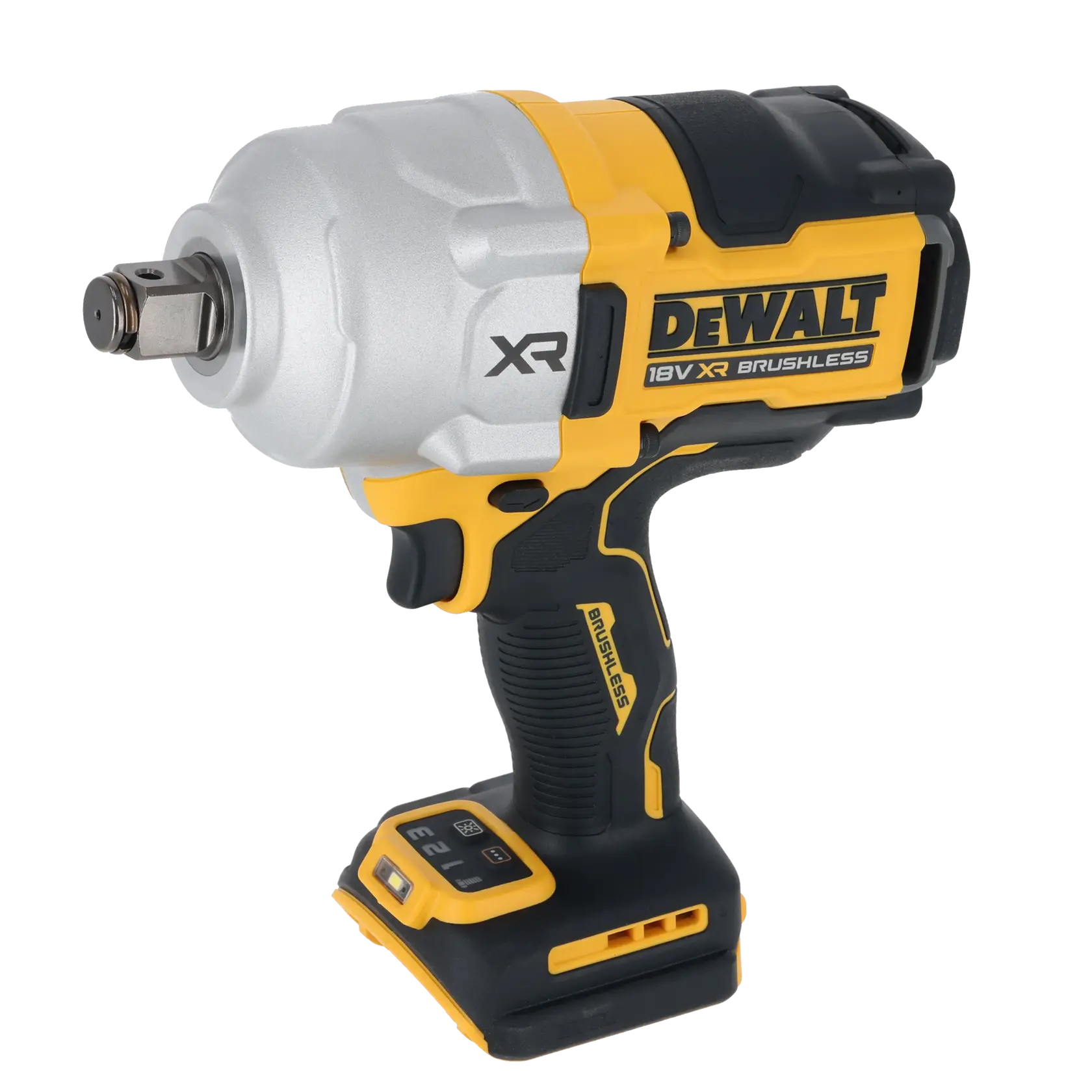 Photo of DEWALT DCF964N 18V XR Brushless impact wrench, yellow and black, side angle on white background.