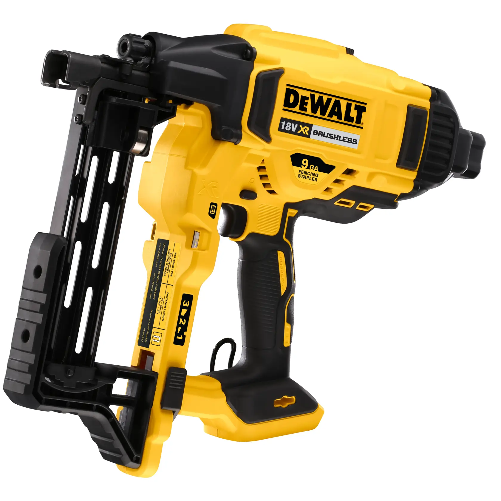 Grapadora de cercas DEWALT 18V XR sin escobillas, amarilla y negra, para trabajo pesado.