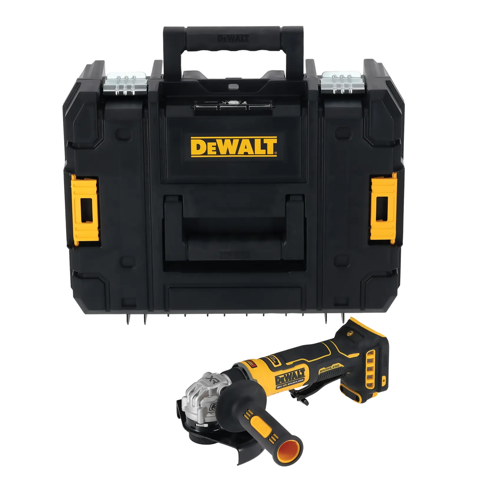 DEWALT DCG404NT and DCG404S2T-QW grinder with black case. Photography category.
