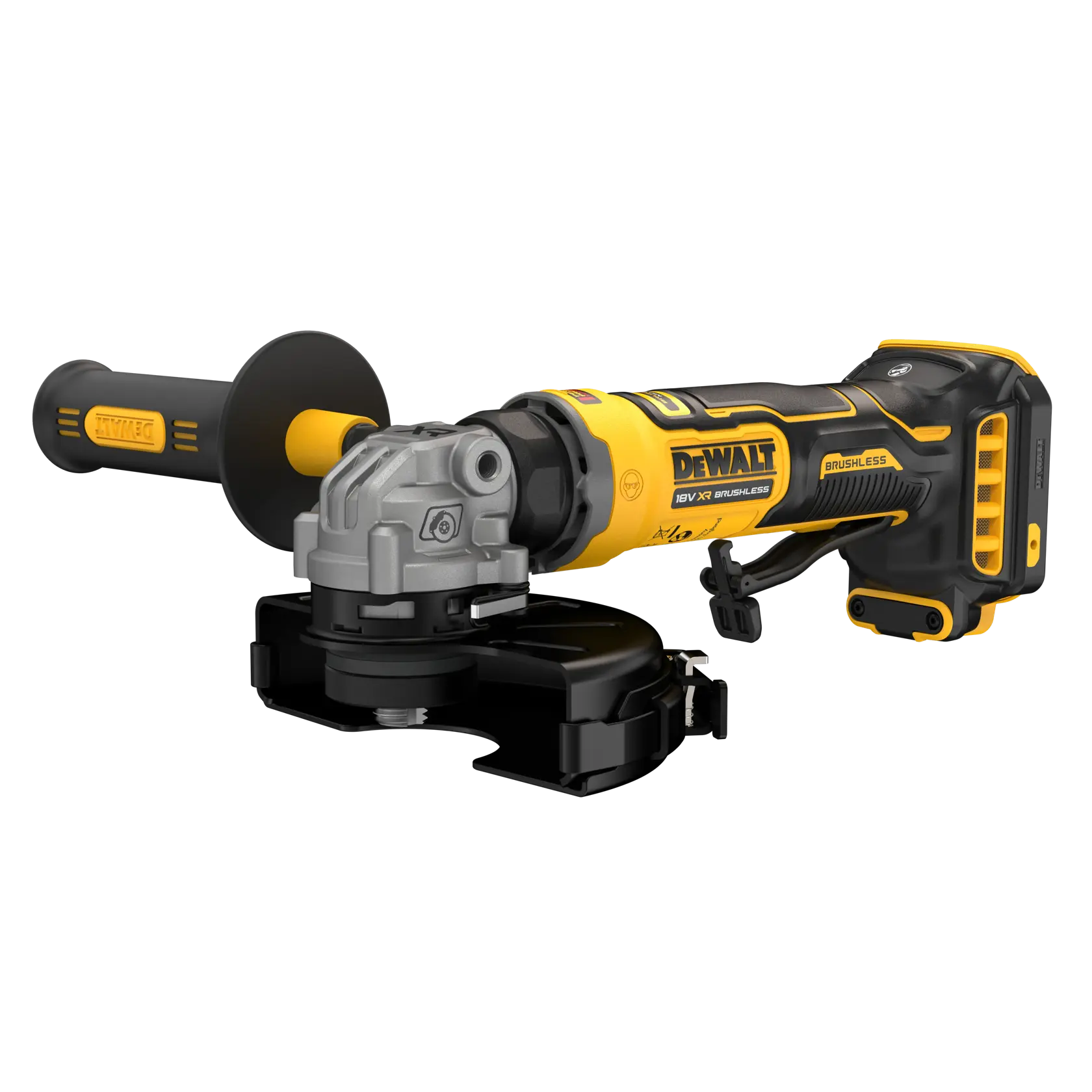 DEWALT cordless grinder DCG404N-XJ, DCG404N with yellow and black design shown on white background.