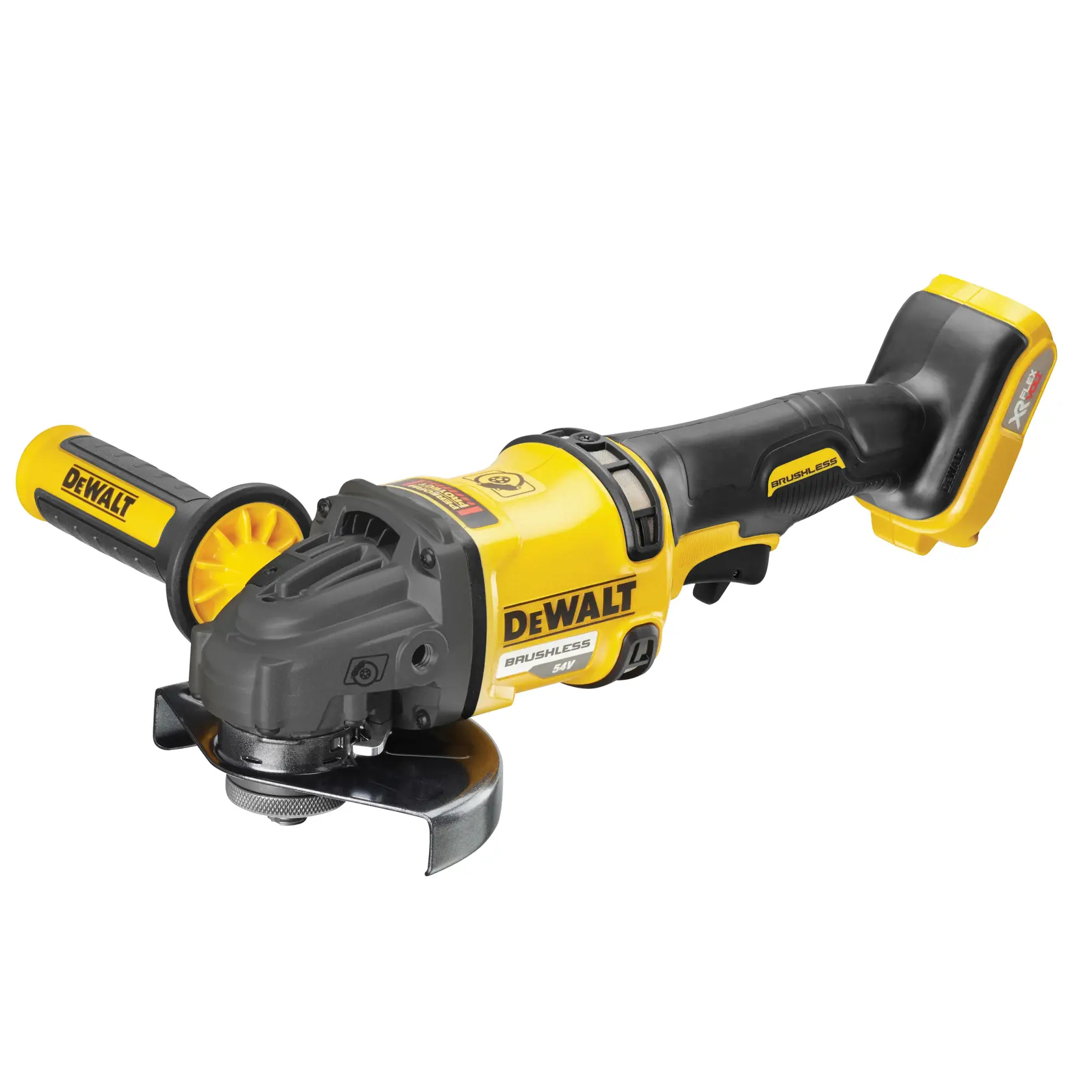 Amoladora angular inalámbrica DEWALT amarilla y negra con motor brushless y mango lateral.