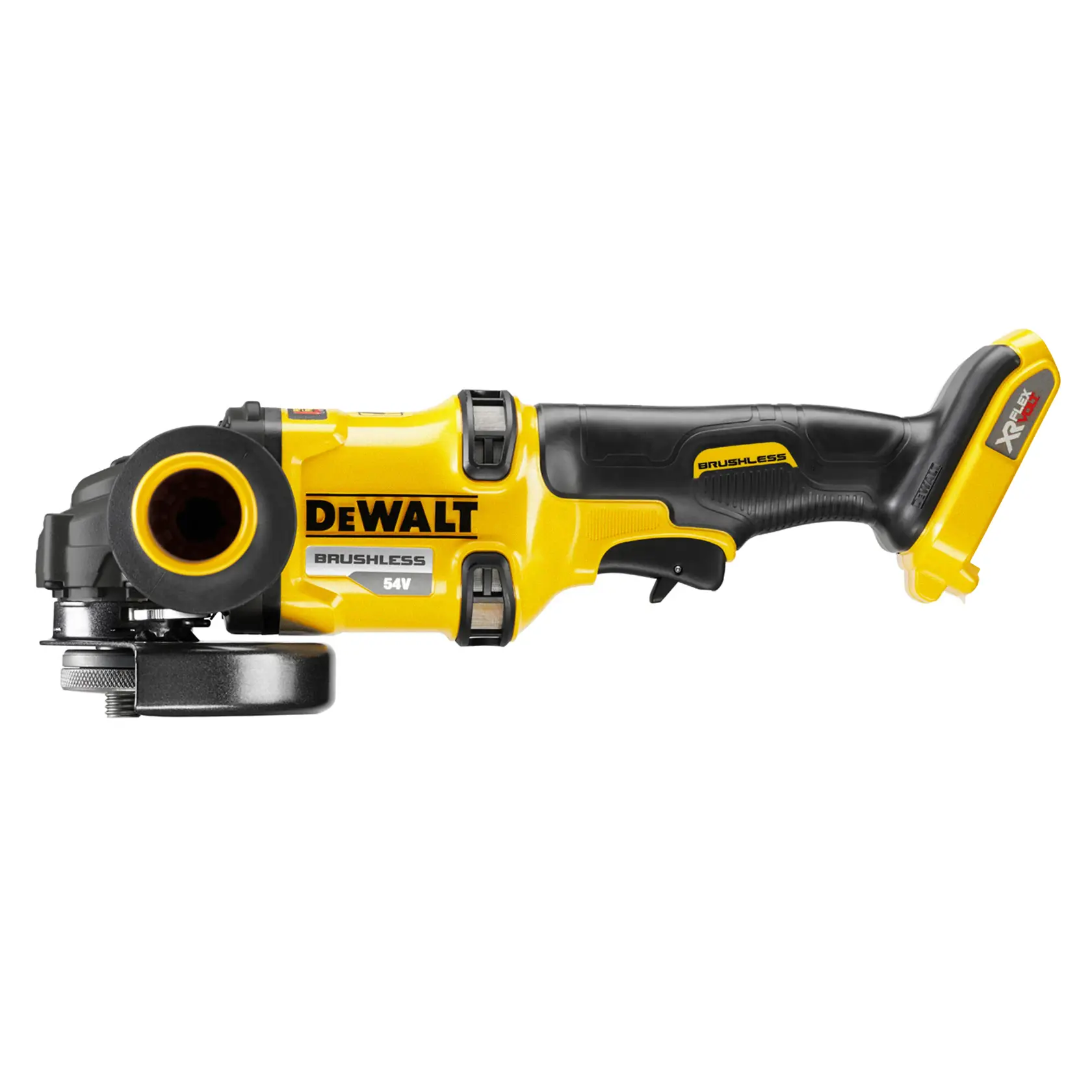 DEWALT tool for photography, model DCZ507T2-XE, DCG418N, DCZ503X2-XE, side view, yellow and black design.