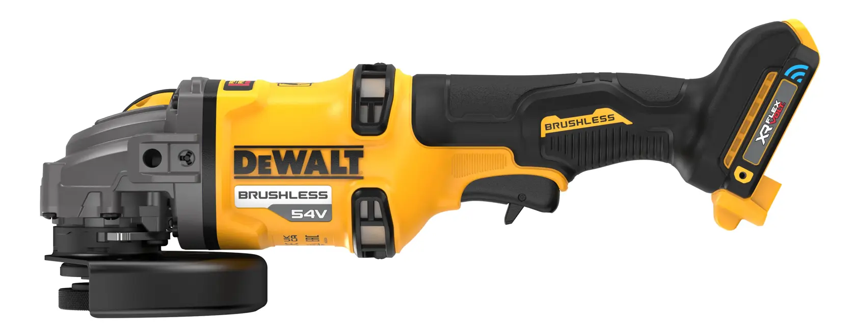 Amoladora angular inalámbrica DEWALT 54V, diseño negro y amarillo, vista lateral, batería colocada.