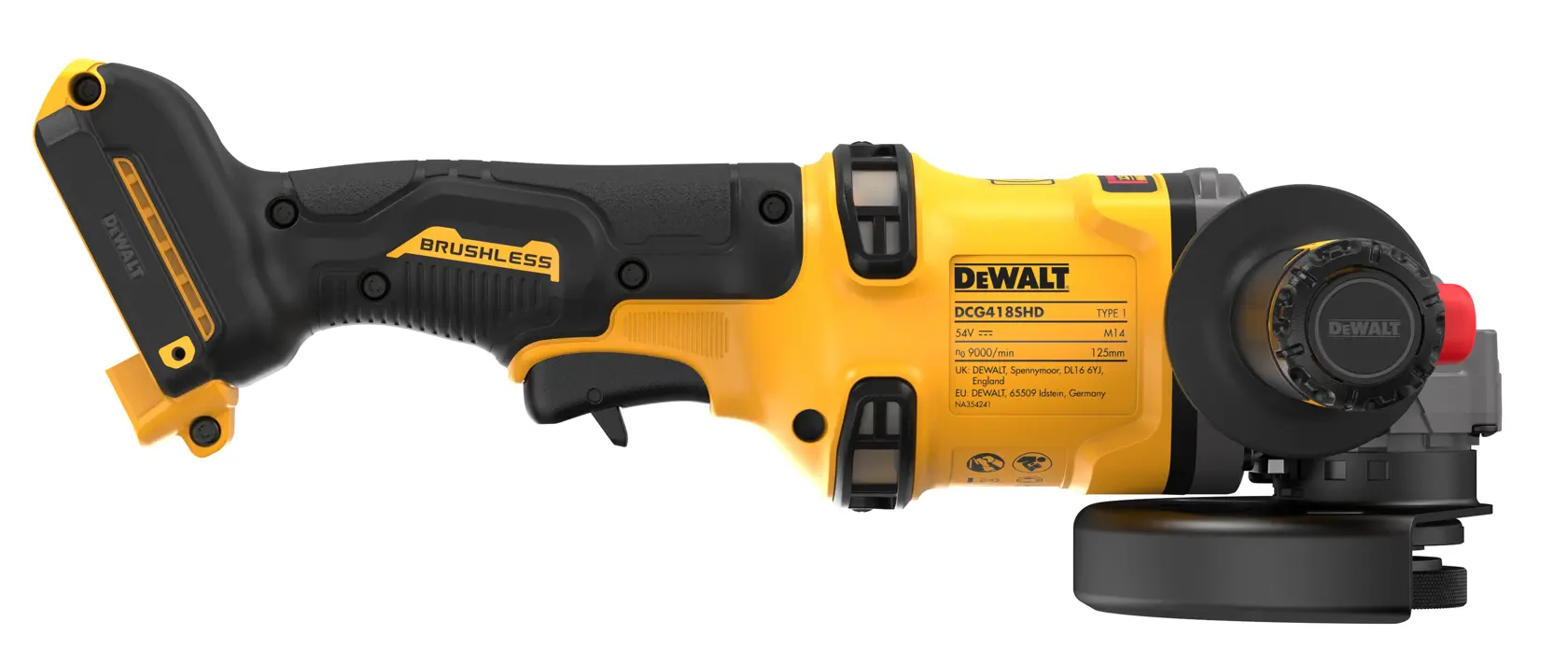 Amoladora angular inalámbrica DEWALT DCG418SHDN en amarillo y negro, vista lateral sobre fondo blanco.