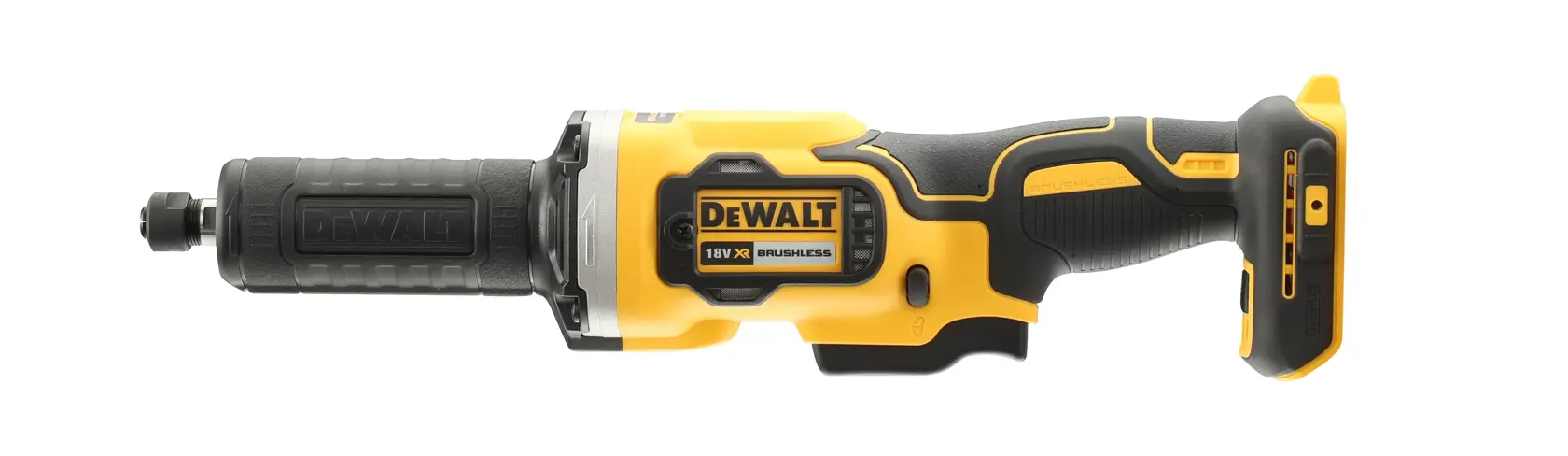 Amoladora inalámbrica DEWALT amarilla y negra, vista lateral sobre fondo blanco.