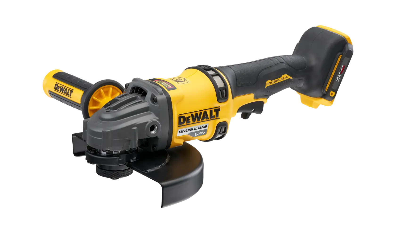 Amoladora angular DEWALT inalámbrica, motor brushless, diseño amarillo-negro, mango lateral, batería 54V.