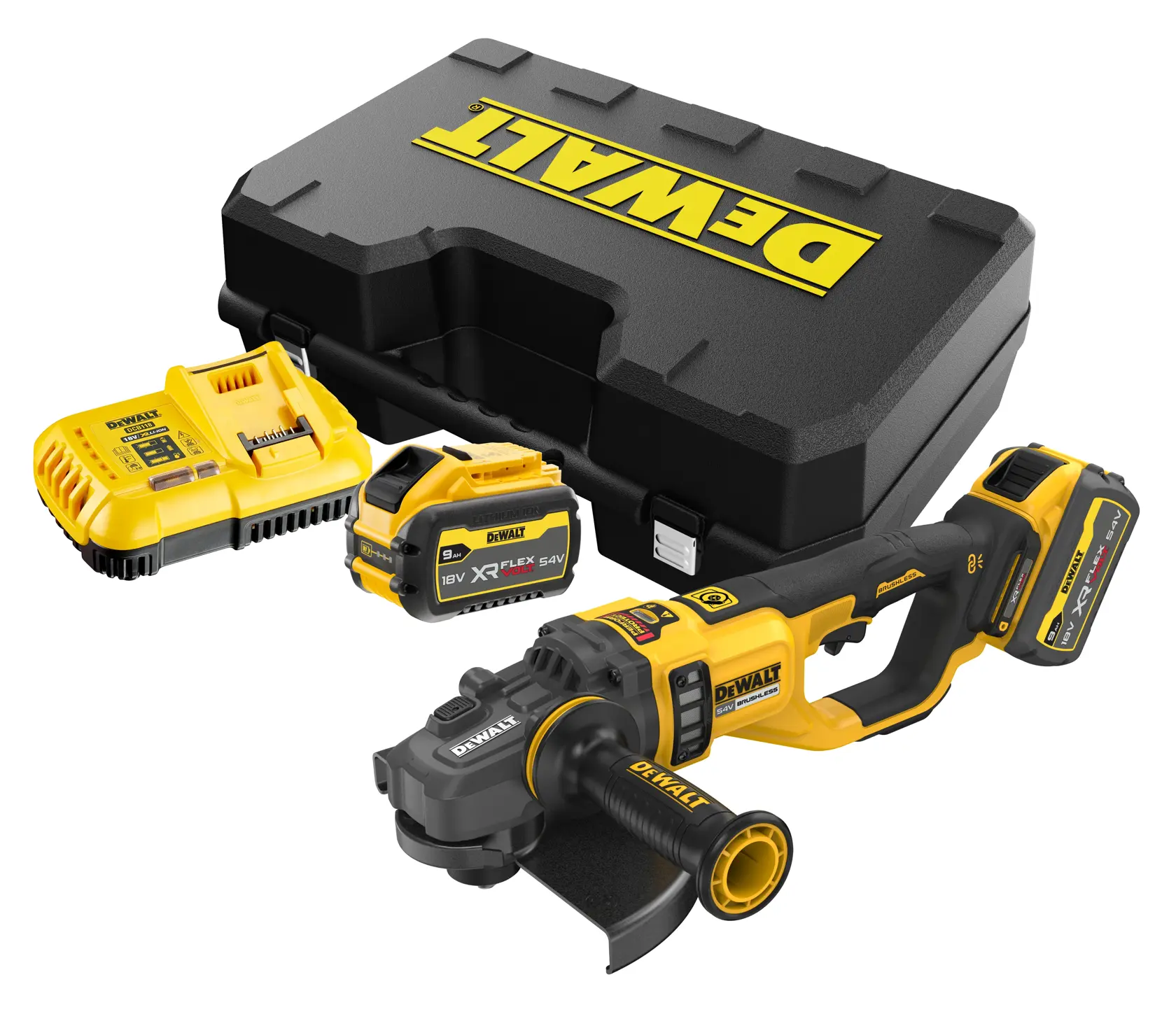 Kit de amoladora inalámbrica DEWALT con batería, cargador, estuche y accesorios sobre fondo blanco.