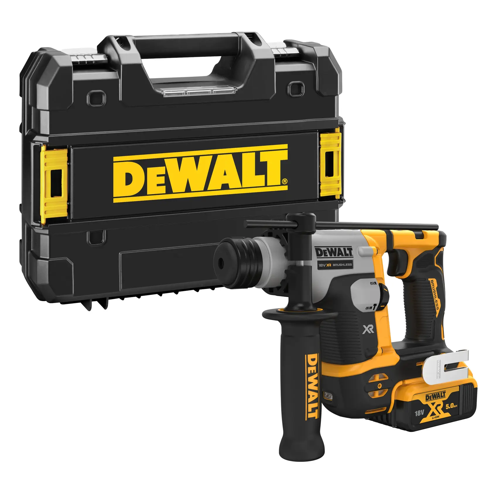 Ein kabelloser DEWALT-Bohrhammer mit ergonomischem Griff, neben dem schwarz-gelben Transportkoffer mit Markenlogo gezeigt.