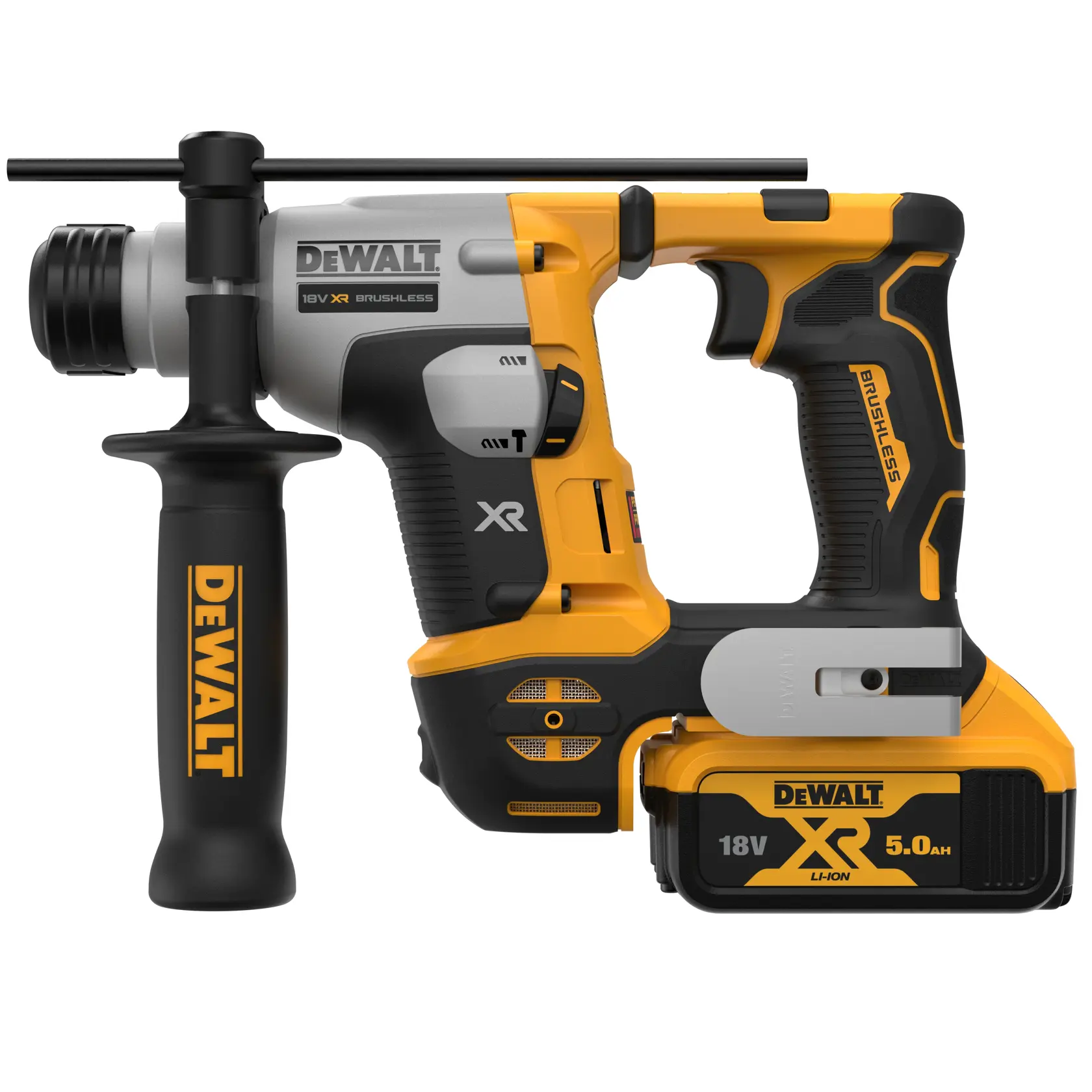 DEWALT DCH172P2 18V cordless rotary hammer with handle and XR 5.0Ah Li-Ion battery, shown from the side.