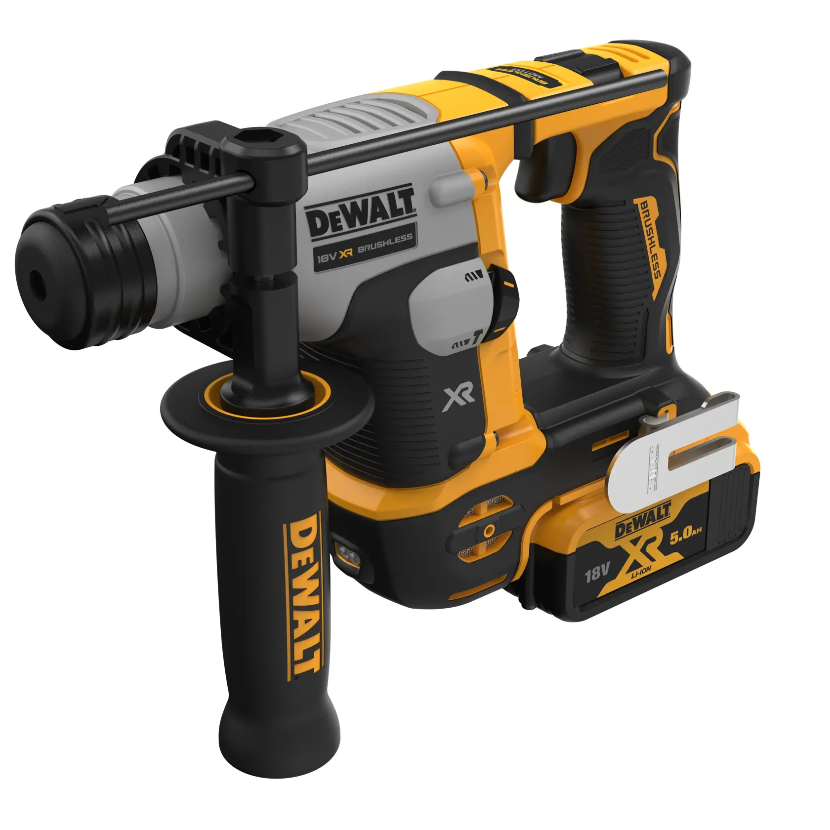 DEWALT 18V cordless rotary hammer drill, brushless XR model with side handle and battery pack.