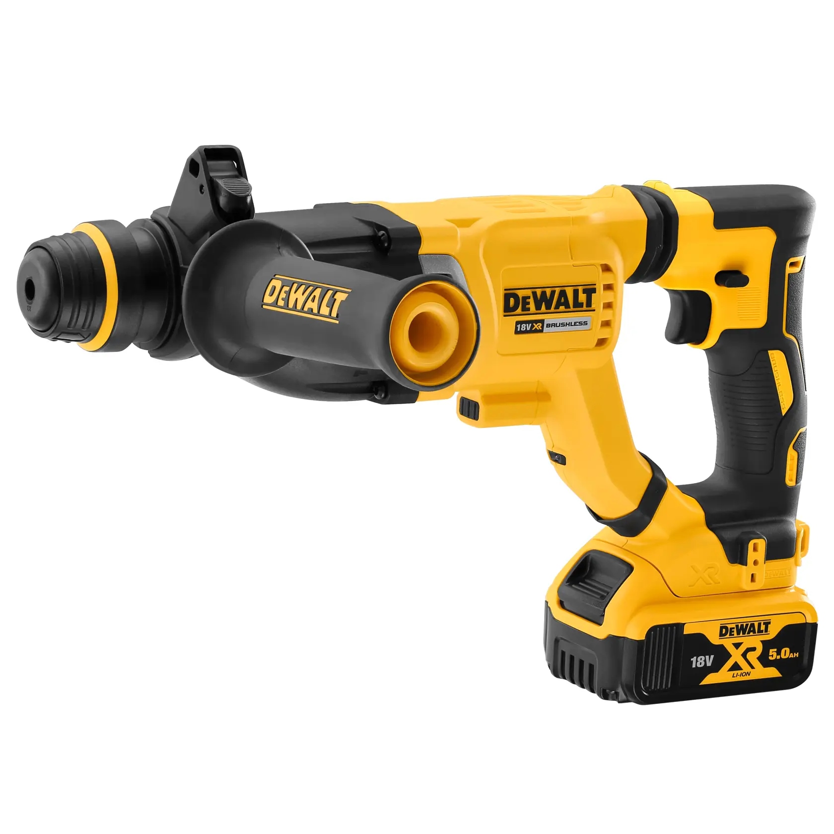 Cordless DEWALT rotary hammer drill with 18V battery, black and yellow design, ergonomic handle.