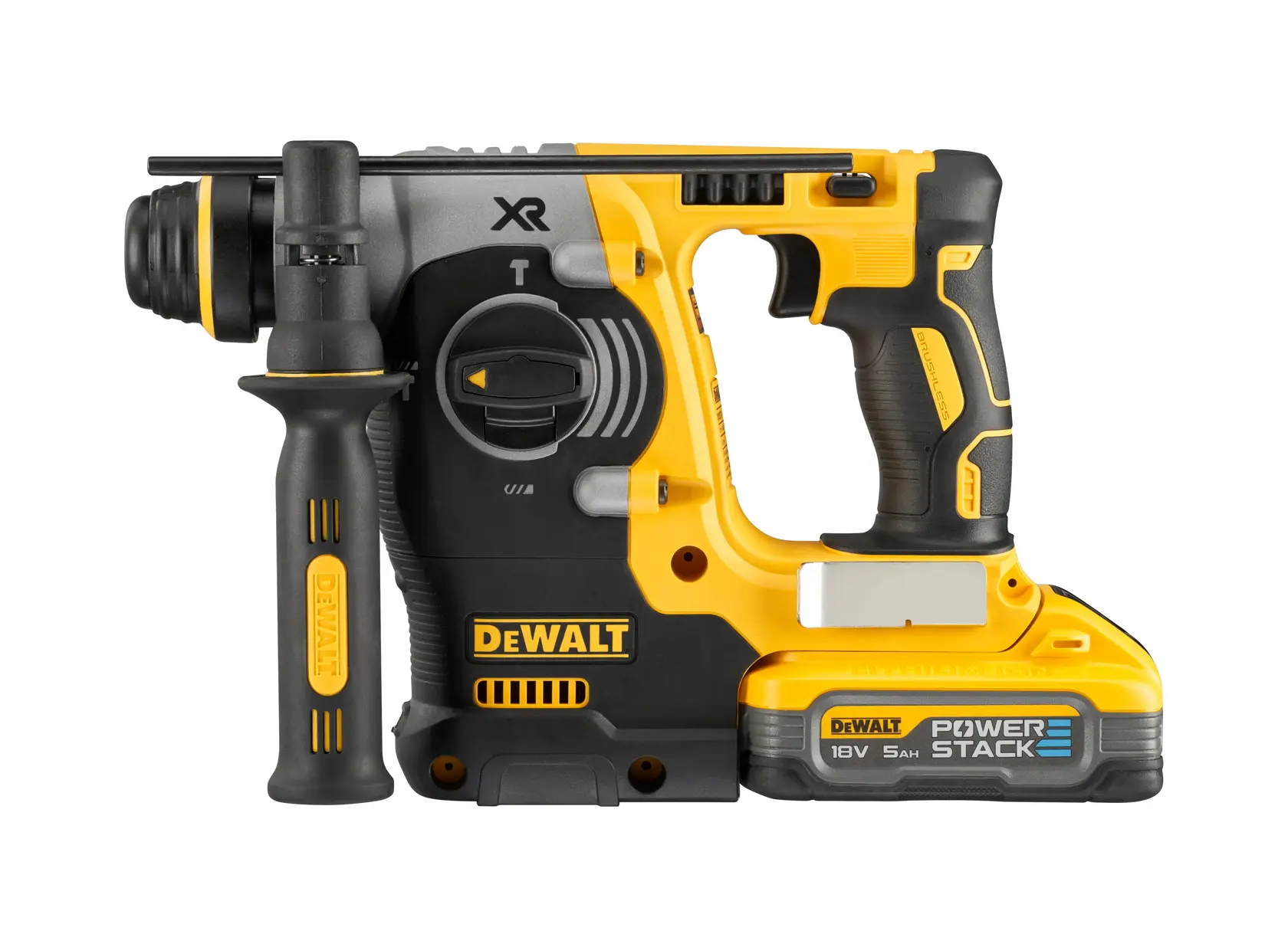 Martillo perforador inalámbrico DEWALT con batería, diseño amarillo y negro, mango lateral y paquete de batería Power Stack 18V 5Ah etiquetado.