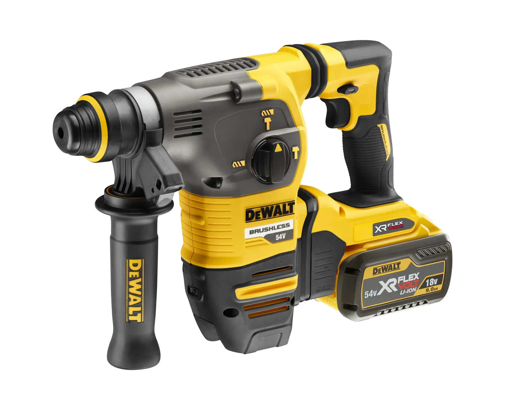 DEWALT cordless rotary hammer drill with side handle and XR FLEXVOLT 54V battery, yellow and black design.