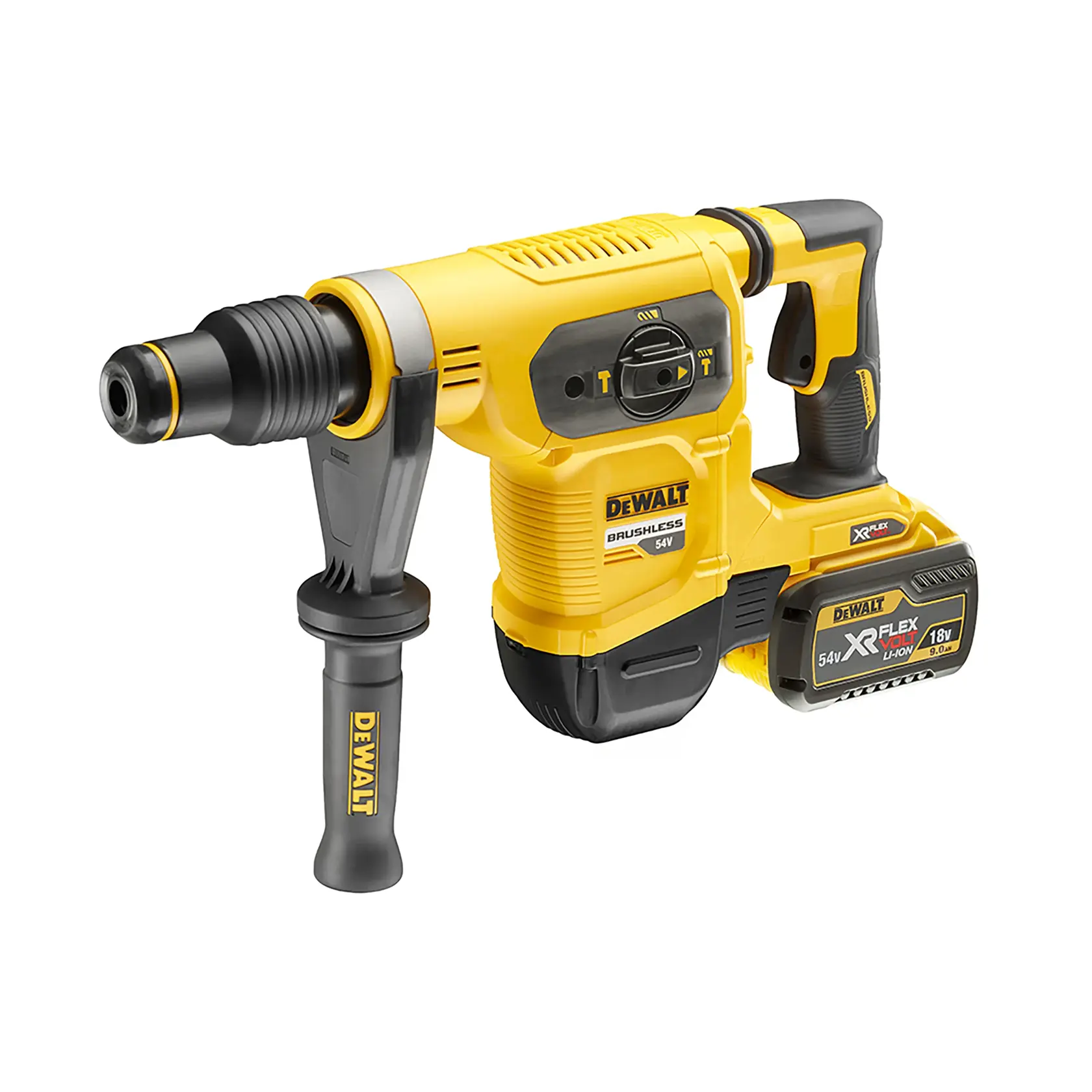 Martillo rotativo DEWALT amarillo sin cable con mango lateral y batería XR Flexvolt, modelo DCH481X2.