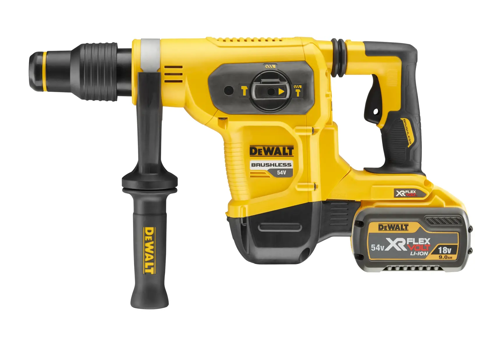 Un martillo rotativo inalámbrico amarillo y negro DEWALT, modelo DCH481X2, con mango lateral y batería de iones de litio XR FLEXVOLT adjunta.