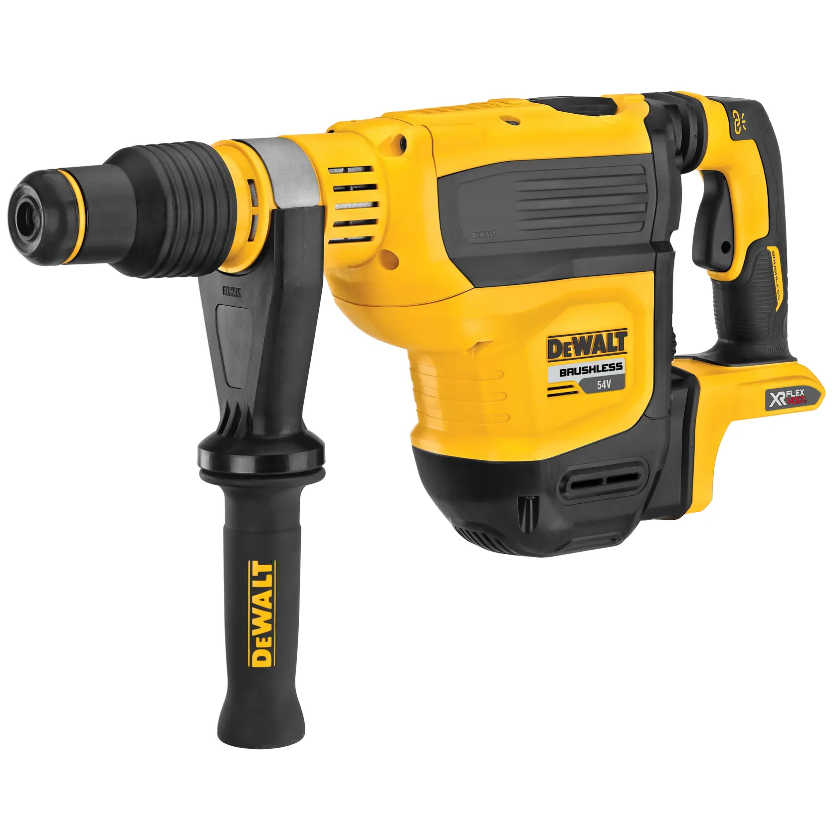 Martillo rotativo DEWALT DCH614N brushless 54V con mango lateral, cuerpo amarillo y negro.