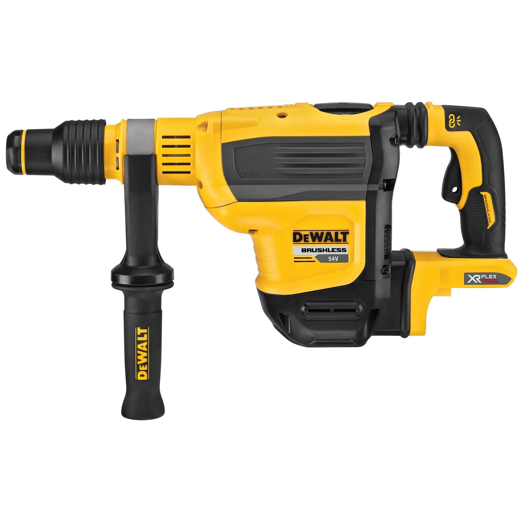 Martillo rotativo inalámbrico DEWALT, amarillo y negro, con mango lateral, modelo DCH614N, herramienta de construcción.