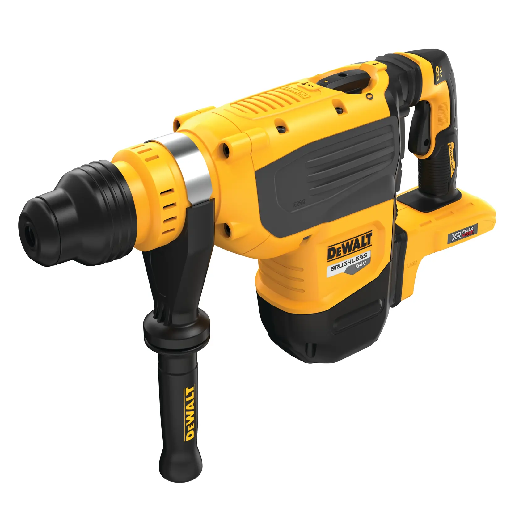 Martillo rotativo inalámbrico amarillo y negro de la marca DEWALT, con mango lateral y diseño robusto.