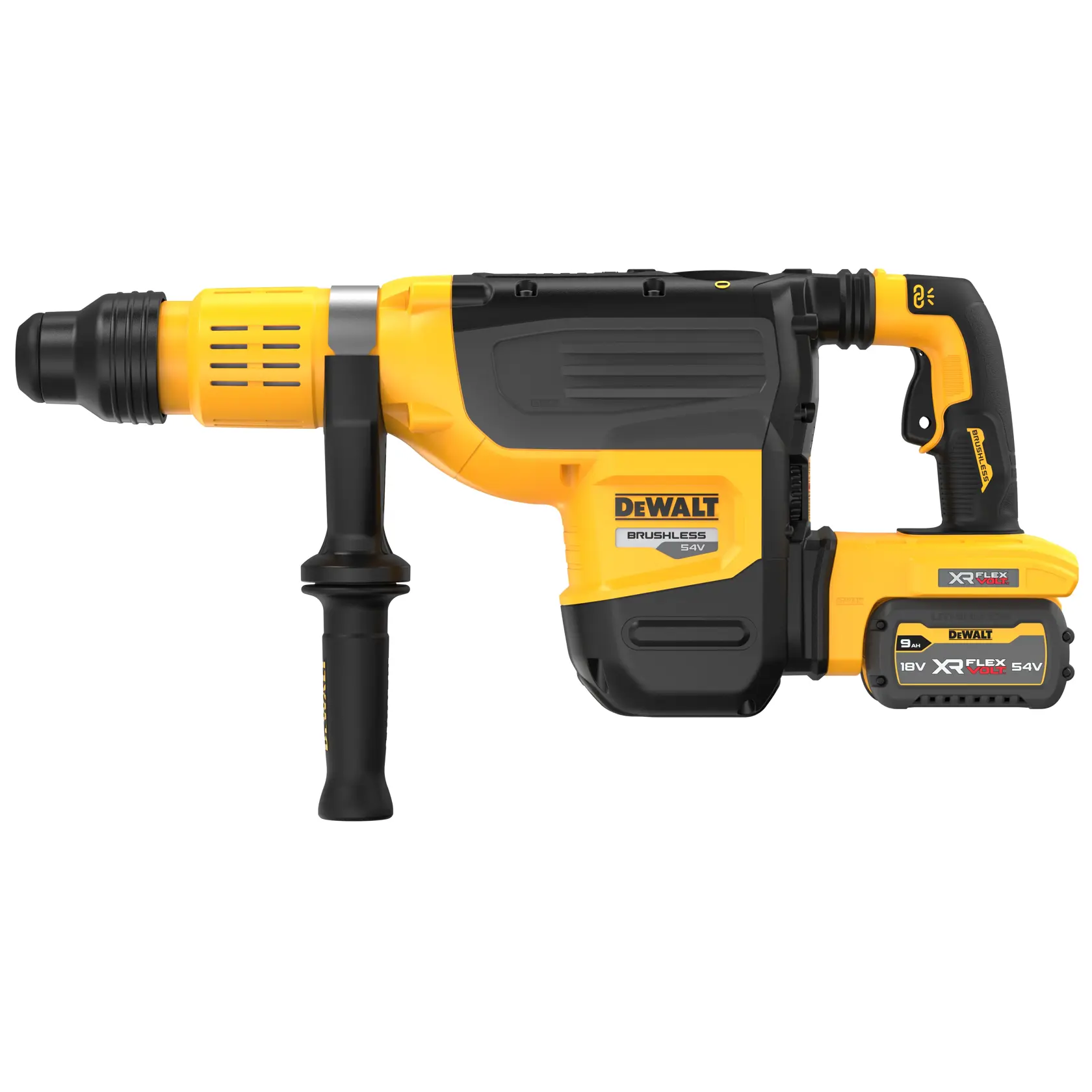 Martillo rotativo inalámbrico DEWALT amarillo y negro con motor sin escobillas, modelo DCH775X2, con mango lateral y batería XR FLEXVOLT de 18V/54V.