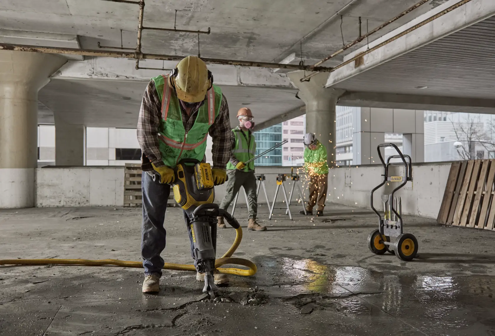 DEWALT tools, batteries, charger shown. SKUs: DCH966Z2, DCH966Z2-XE. Photography category.