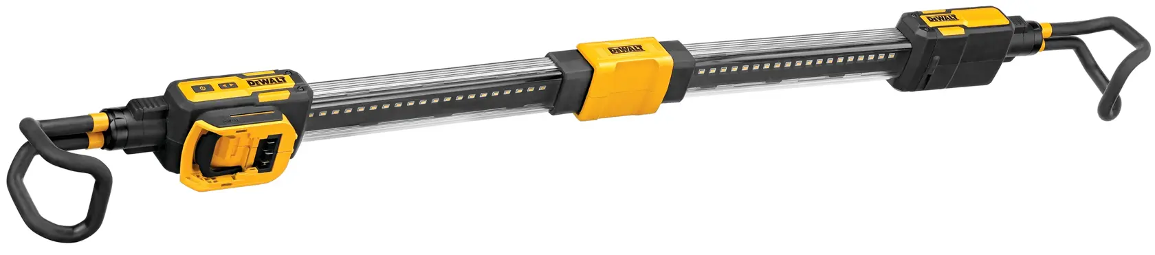 Barra de luz LED DEWALT DCL045 ajustable con ganchos, diseñada para iluminación versátil en trabajos.