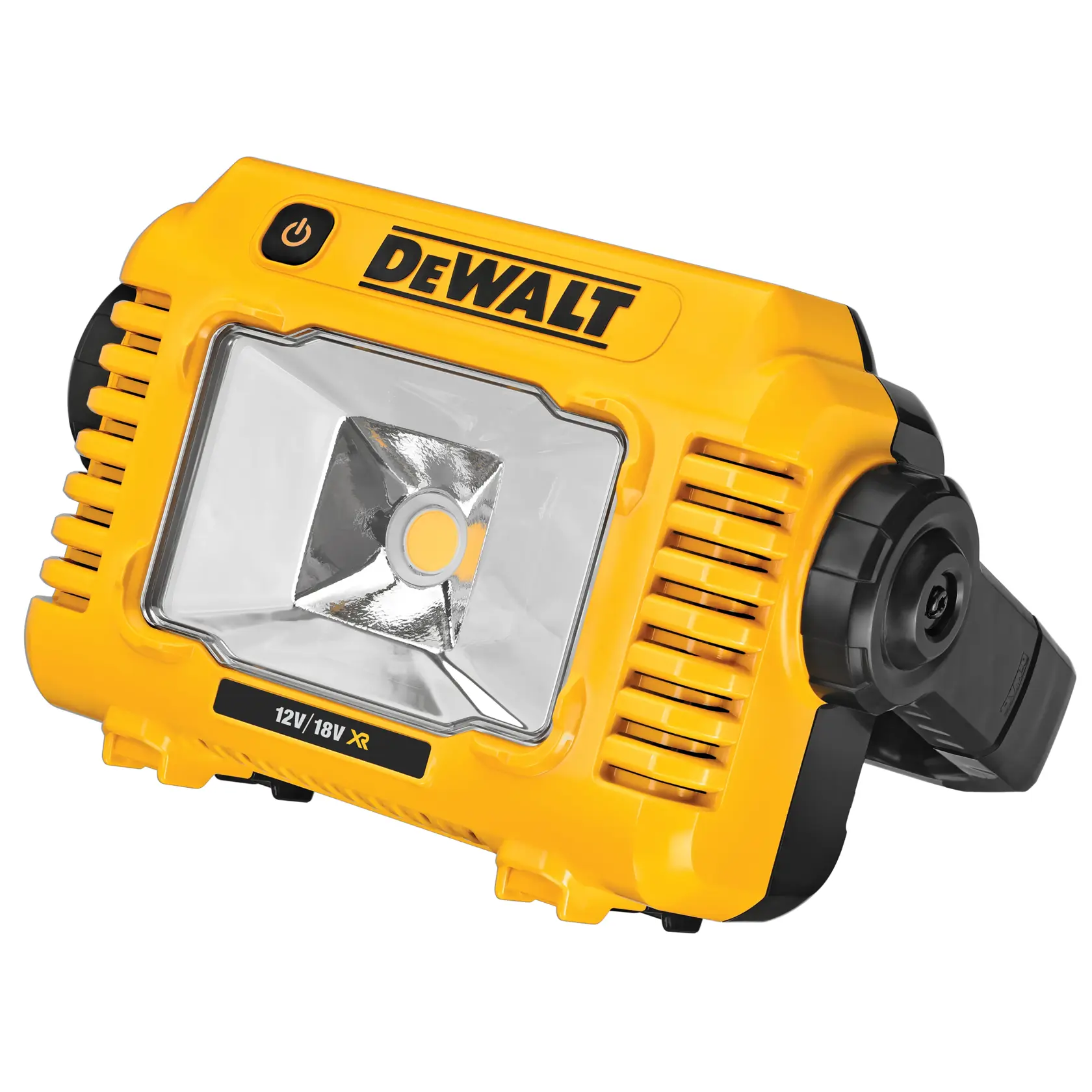 Lámpara LED portátil DEWALT amarilla con soporte ajustable, compatible con baterías XR 12V/18V.