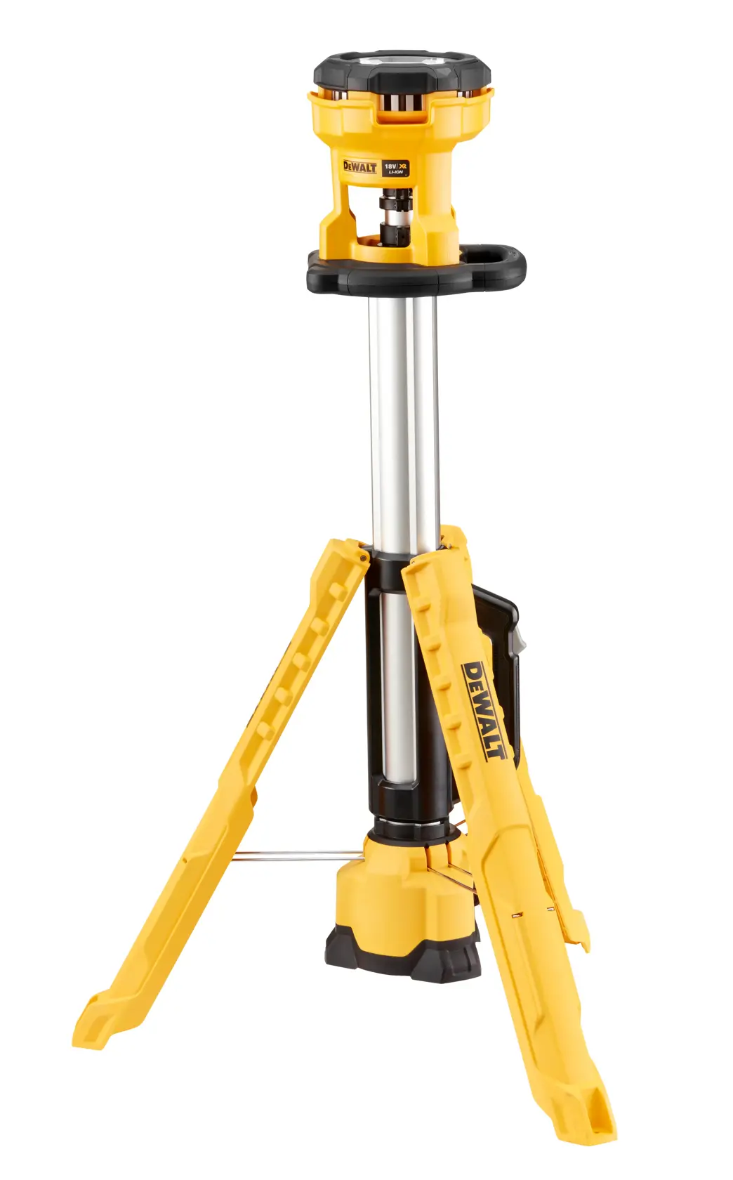 DEWALT DCL079 yellow tripod work light with adjustable height and three legs for jobsite illumination.