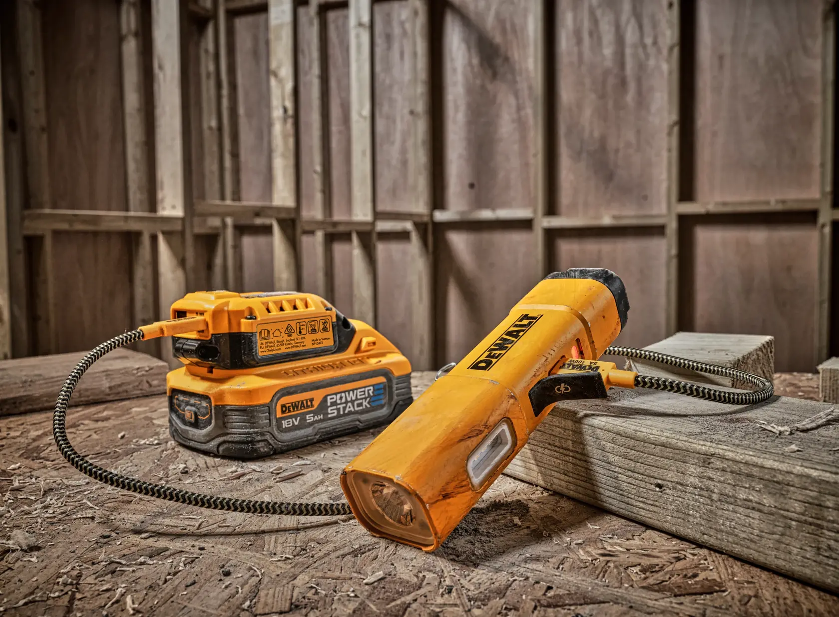 A DEWALT DCL183 portable LED work light connected to a DEWALT 18V POWERSTACK battery, placed on a construction site with