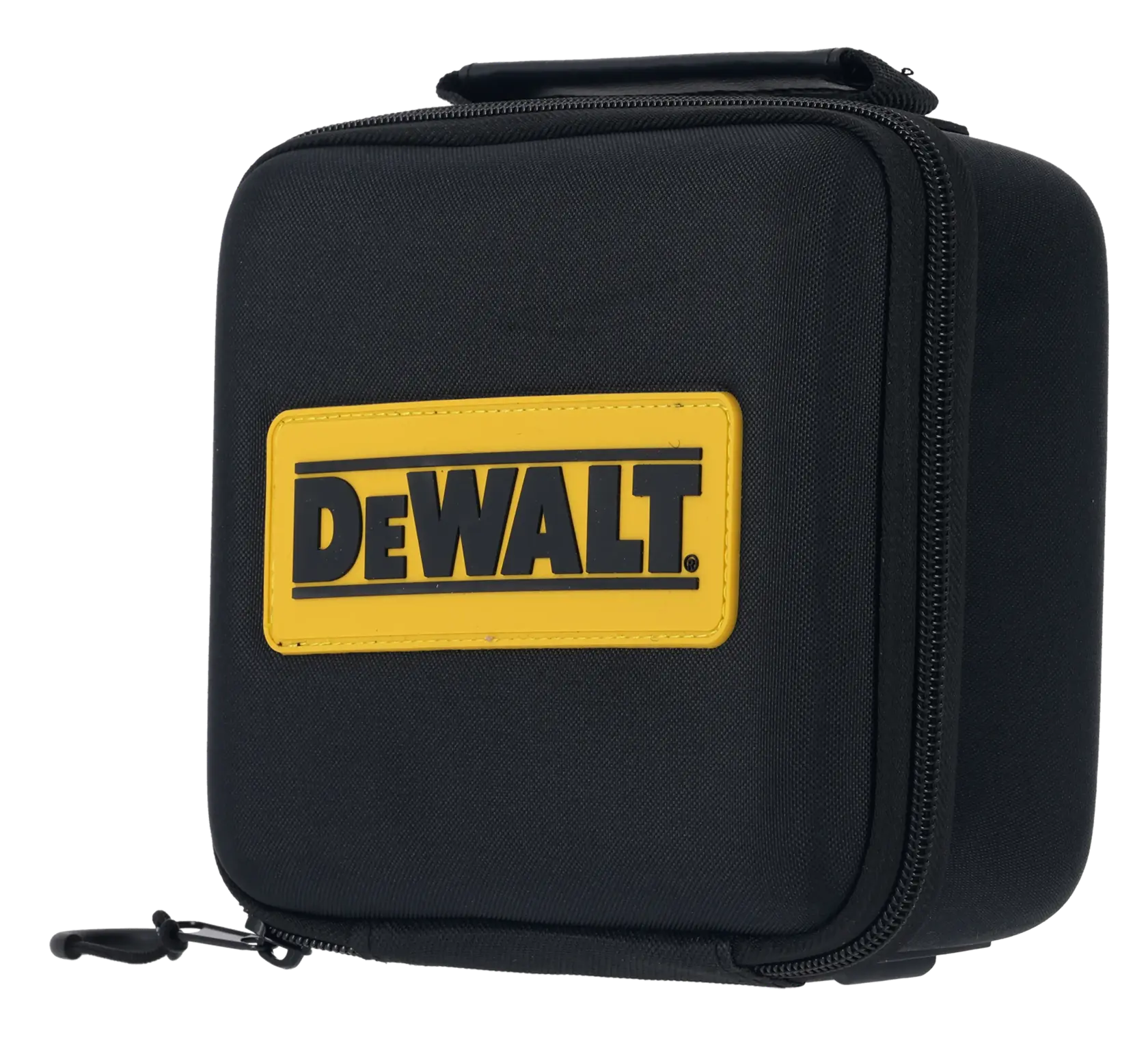 Schwarze DEWALT Tragetasche mit Reißverschluss und gelbem Logo für Fotografieausrüstung und Schutz.