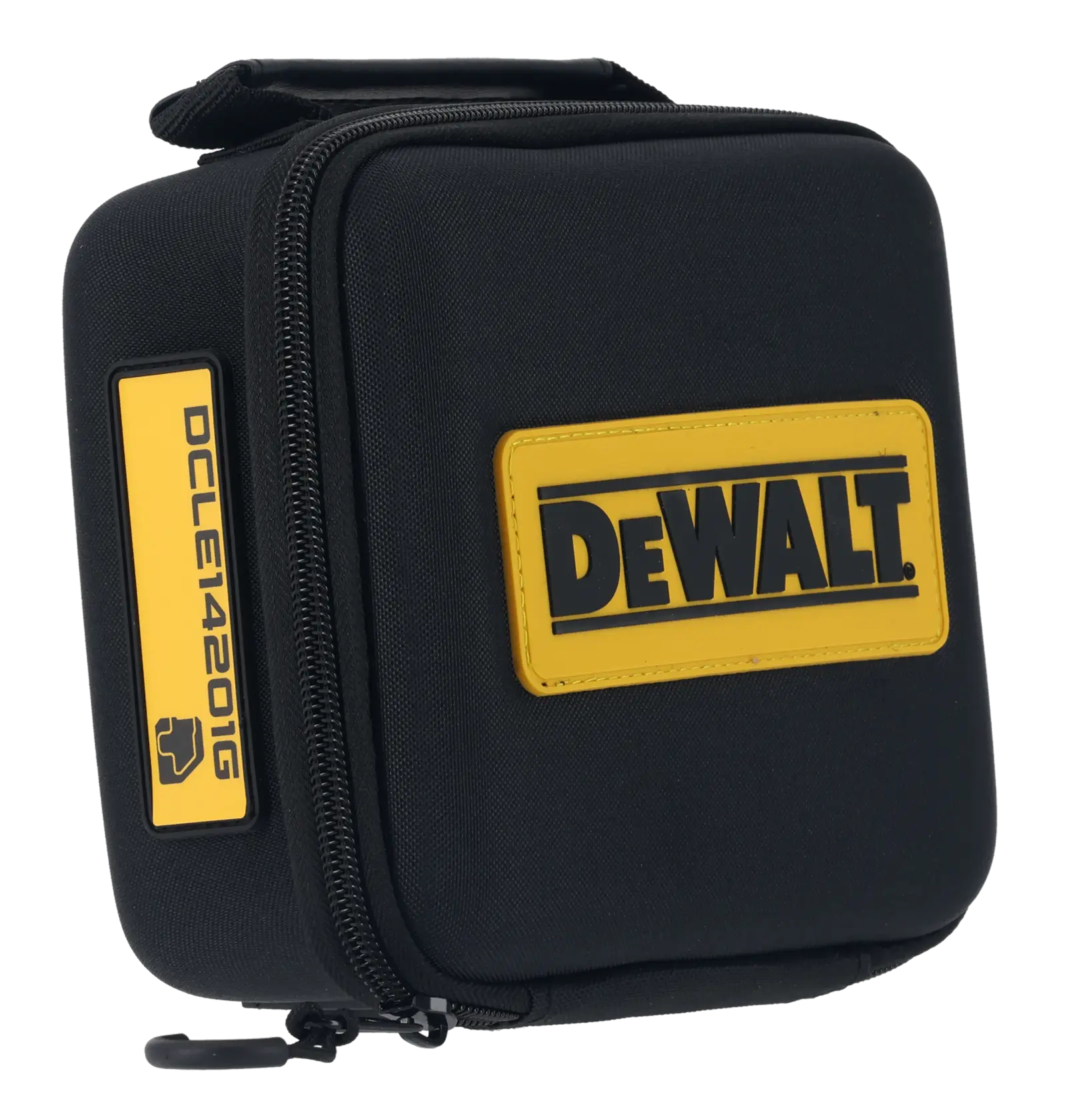 Schwarze DEWALT-Tasche mit Reißverschluss, gelbem Logo und DCLE14201GB-Modelllabel.