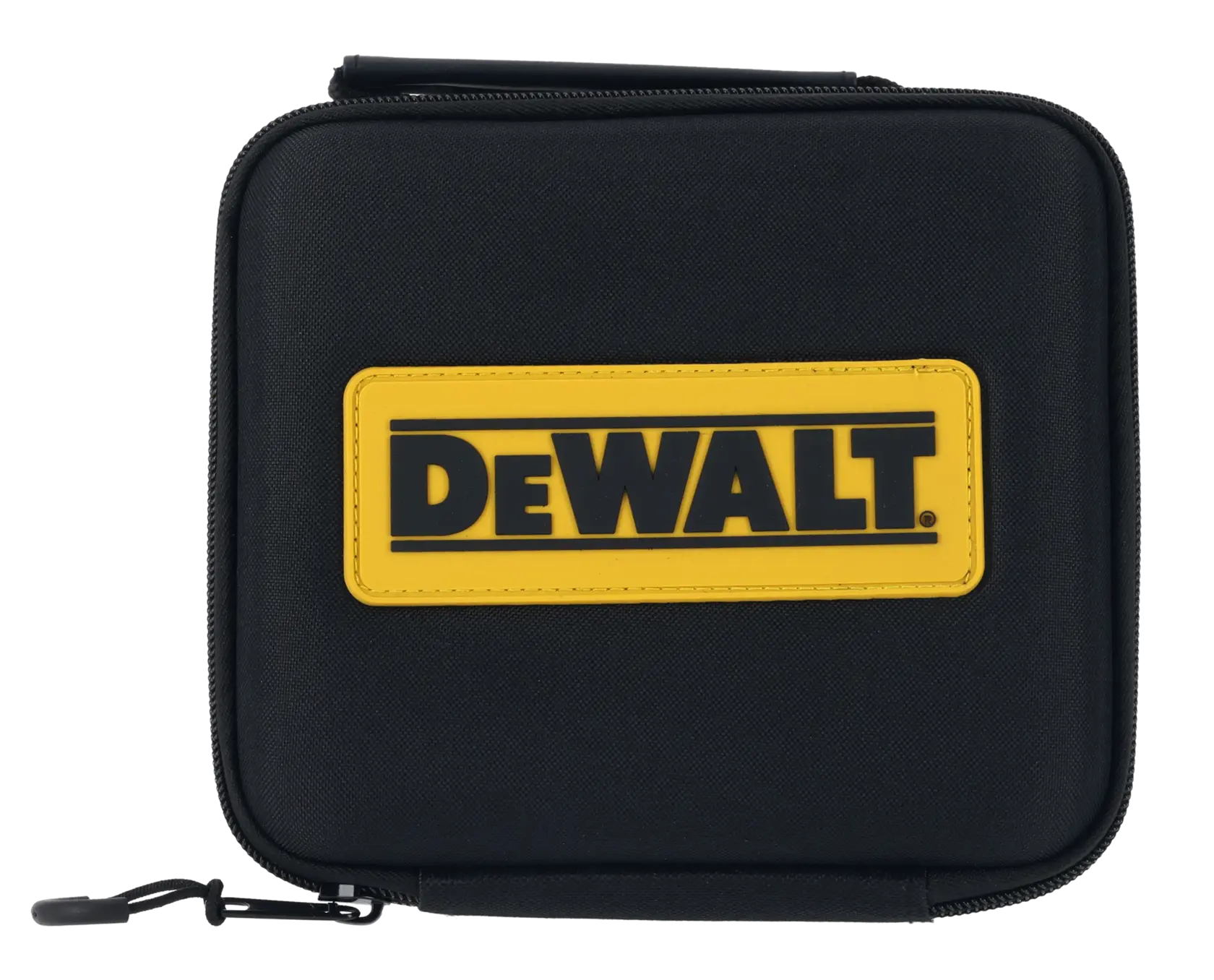 Schwarze DEWALT Tasche mit gelbem Logo, quadratisch, mit Reißverschluss für Fotozubehör.