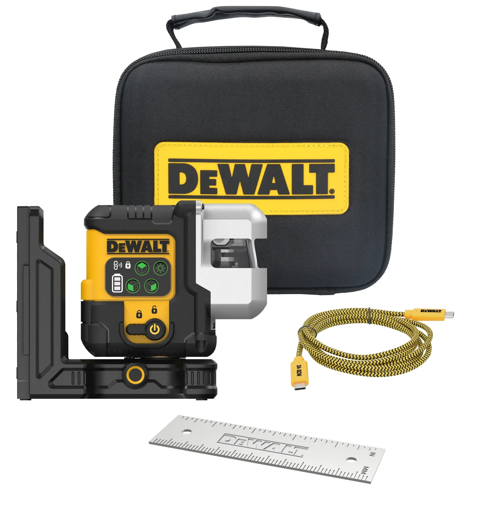 DEWALT-Laser mit grüner Linie, von einem Arbeiter zur Wandausrichtung auf einer Baustelle genutzt.