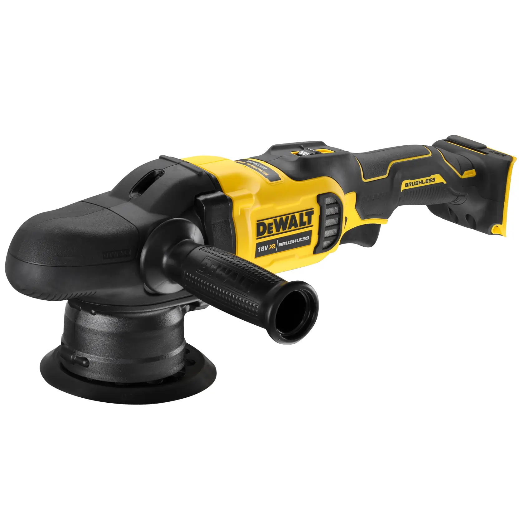 Kabelloser DEWALT 18V Polierer mit bürstenlosem Motor, schwarz-gelb, Seitenhandgriff, ideal für Oberflächen.